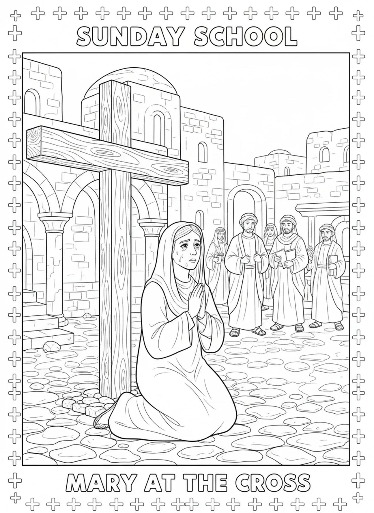 Marie à genoux devant la croix, page à colorier de la Croix en bois pour les enfants de l'École du dimanche âgés de 5 à 12 ans