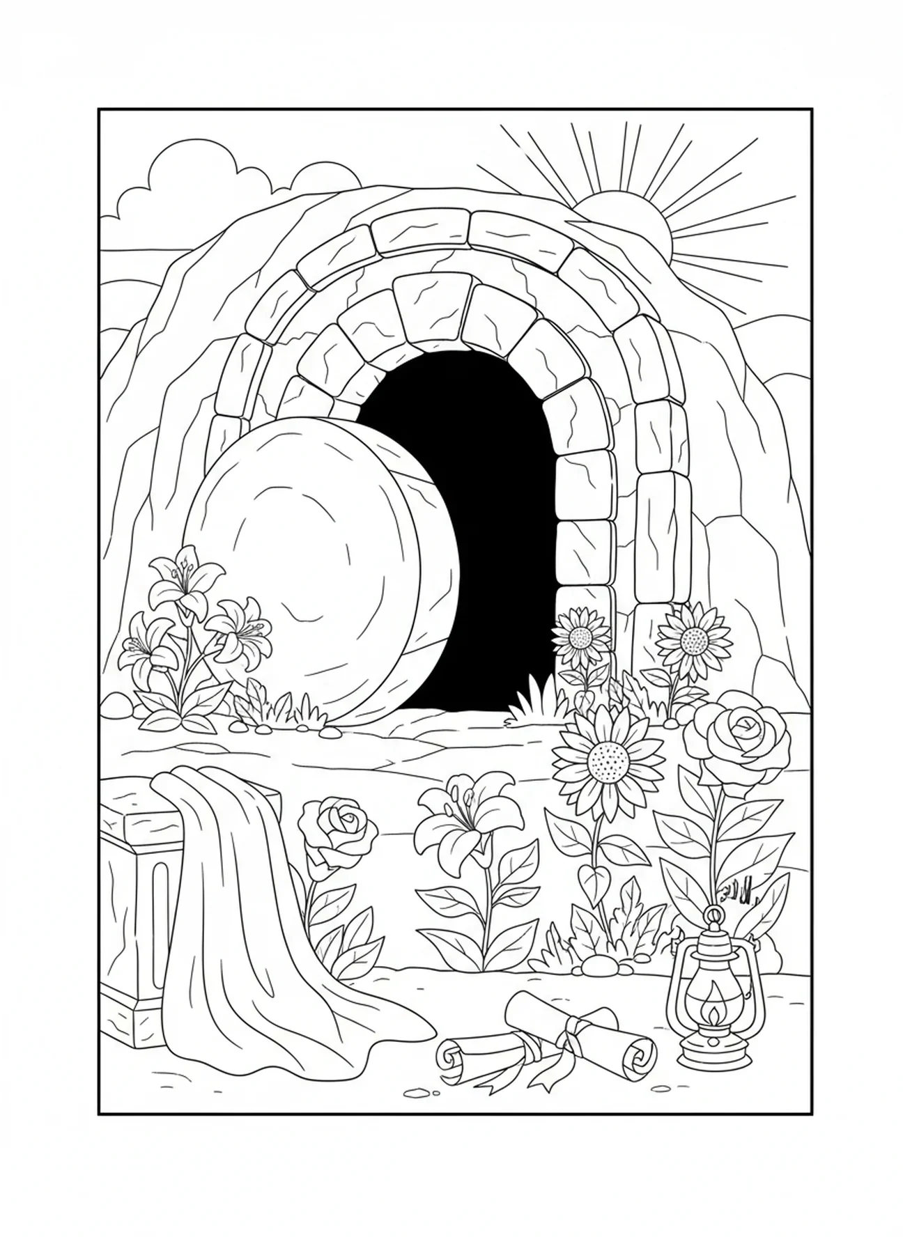 Tombeau vide avec la pierre roulée, page à colorier de la Croix en bois pour les enfants de l'École du dimanche âgés de 5 à 12 ans