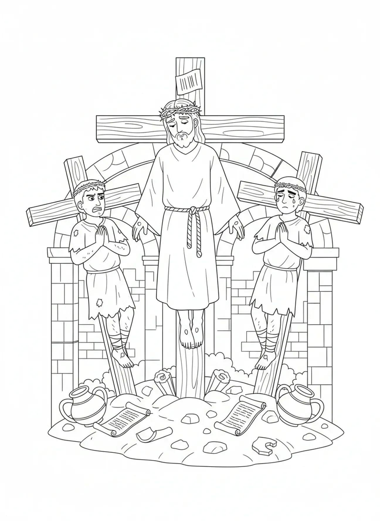 Deux voleurs sur des croix, page à colorier de la Croix en bois pour les enfants de l'École du dimanche âgés de 5 à 12 ans