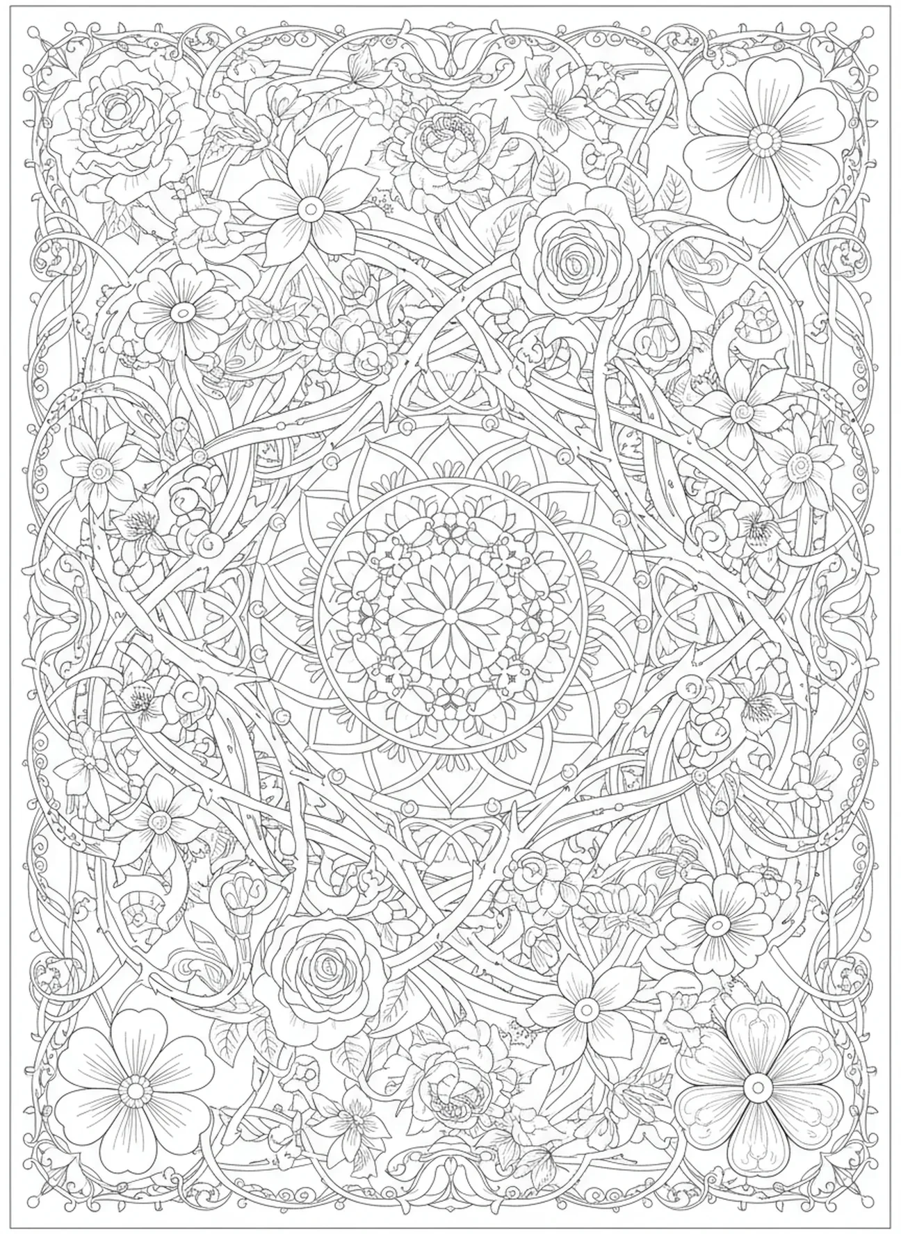 Ingewikkelde doornen en bloemen, Kleurplaat van de Doornenkroon voor volwassenen in Bijbel journaling stijl.