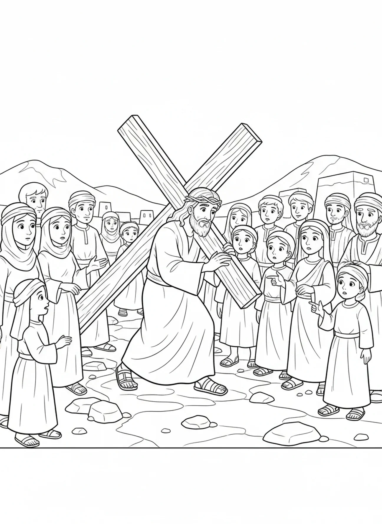 Jesus carregando uma cruz, página para colorir Coroa de Espinhos para crianças de 5 a 10 anos