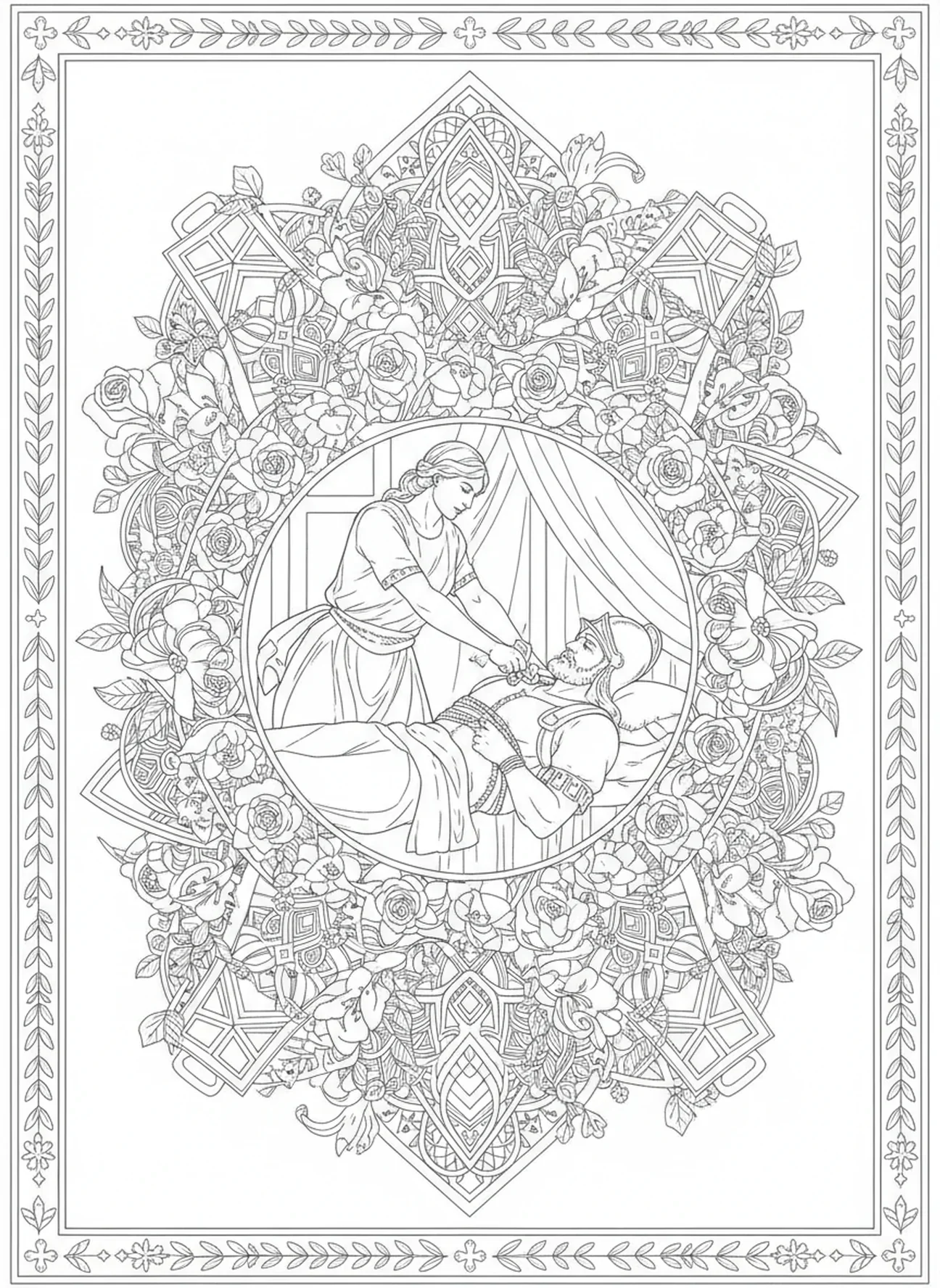 Judyta zabijająca Holofernesa, kolorowanka Judyta i Holofernes dla dorosłych w stylu dziennika biblijnego.