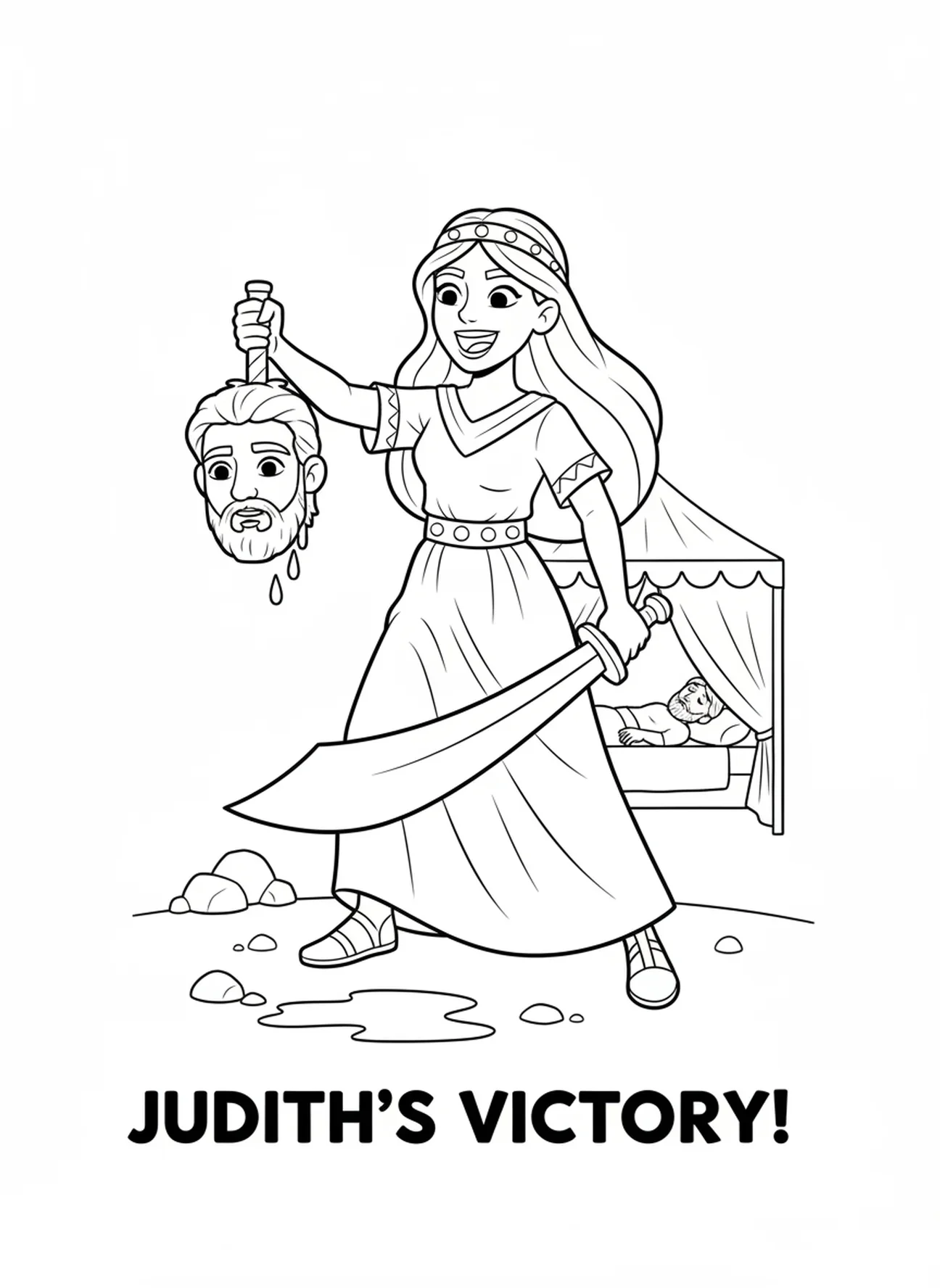 Judith hält das Haupt von Holofernes, Ausmalbild von Judith und Holofernes für Kinder im Alter von 5-10 Jahren
