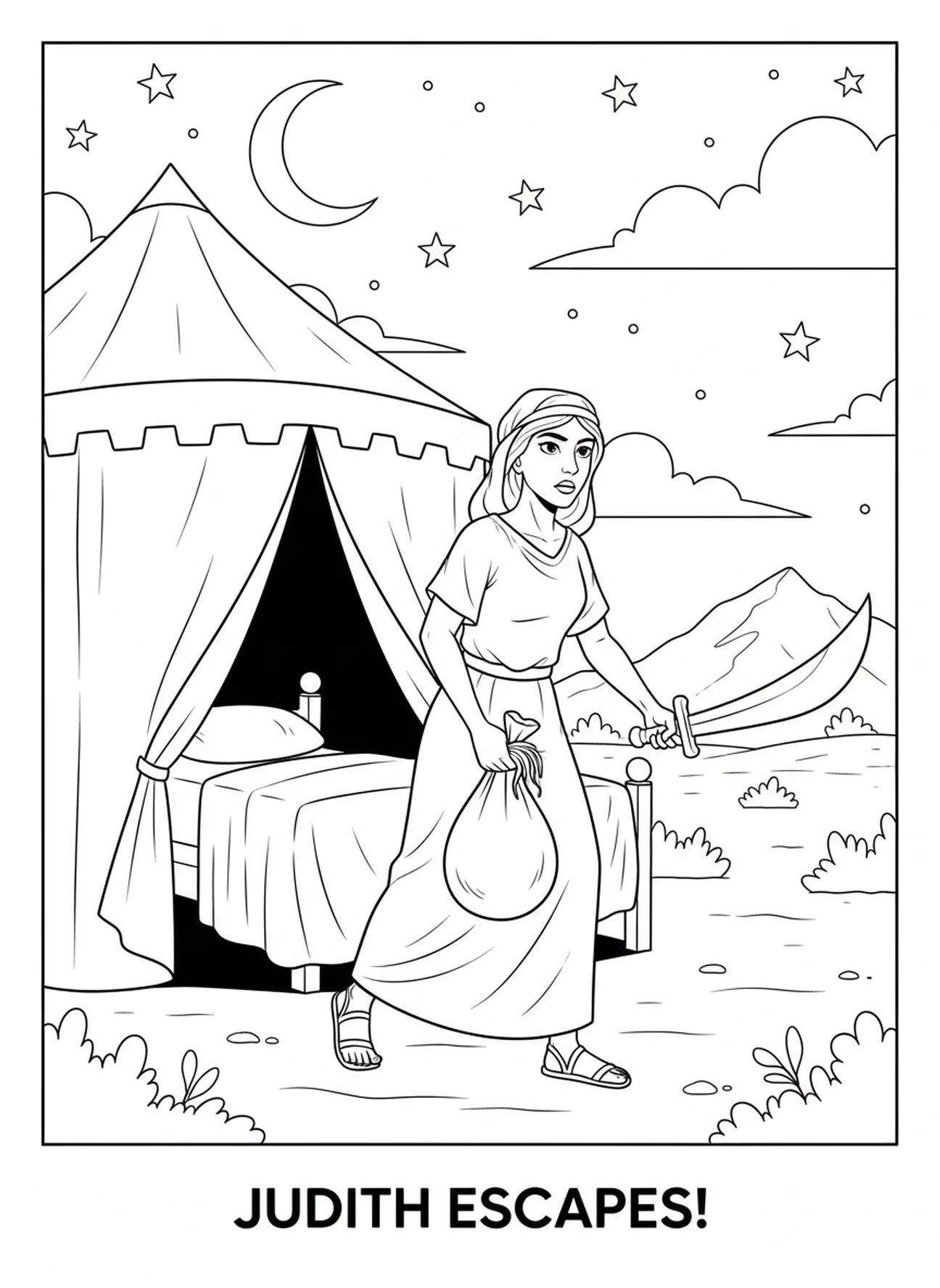 Judith entkommt dem Zelt, Ausmalbild von Judith und Holofernes für Kinder im Alter von 5-10 Jahren