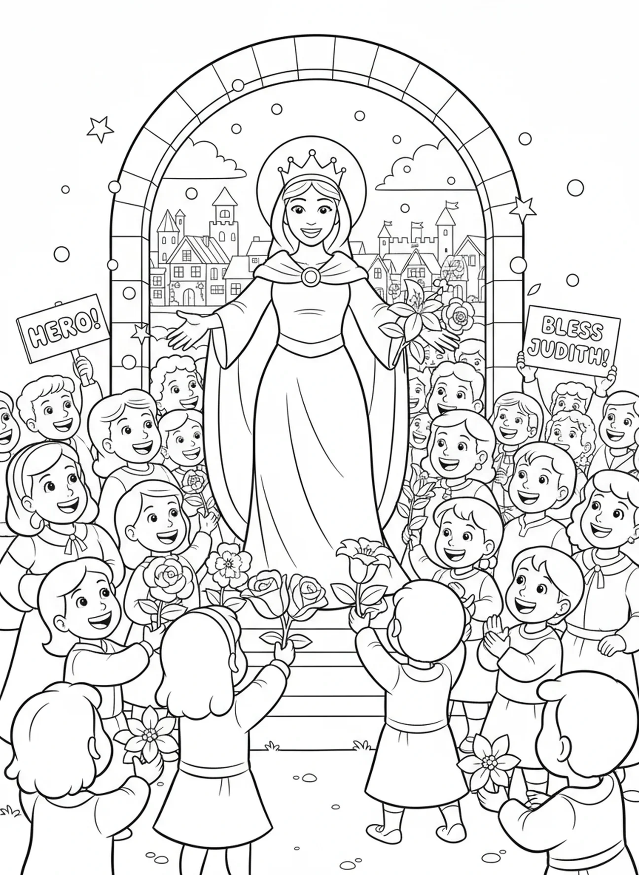 Judith erhält Lob von den Stadtbewohnern, Ausmalbild Judith und Holofernes für Kinder im Alter von 5-10 Jahren