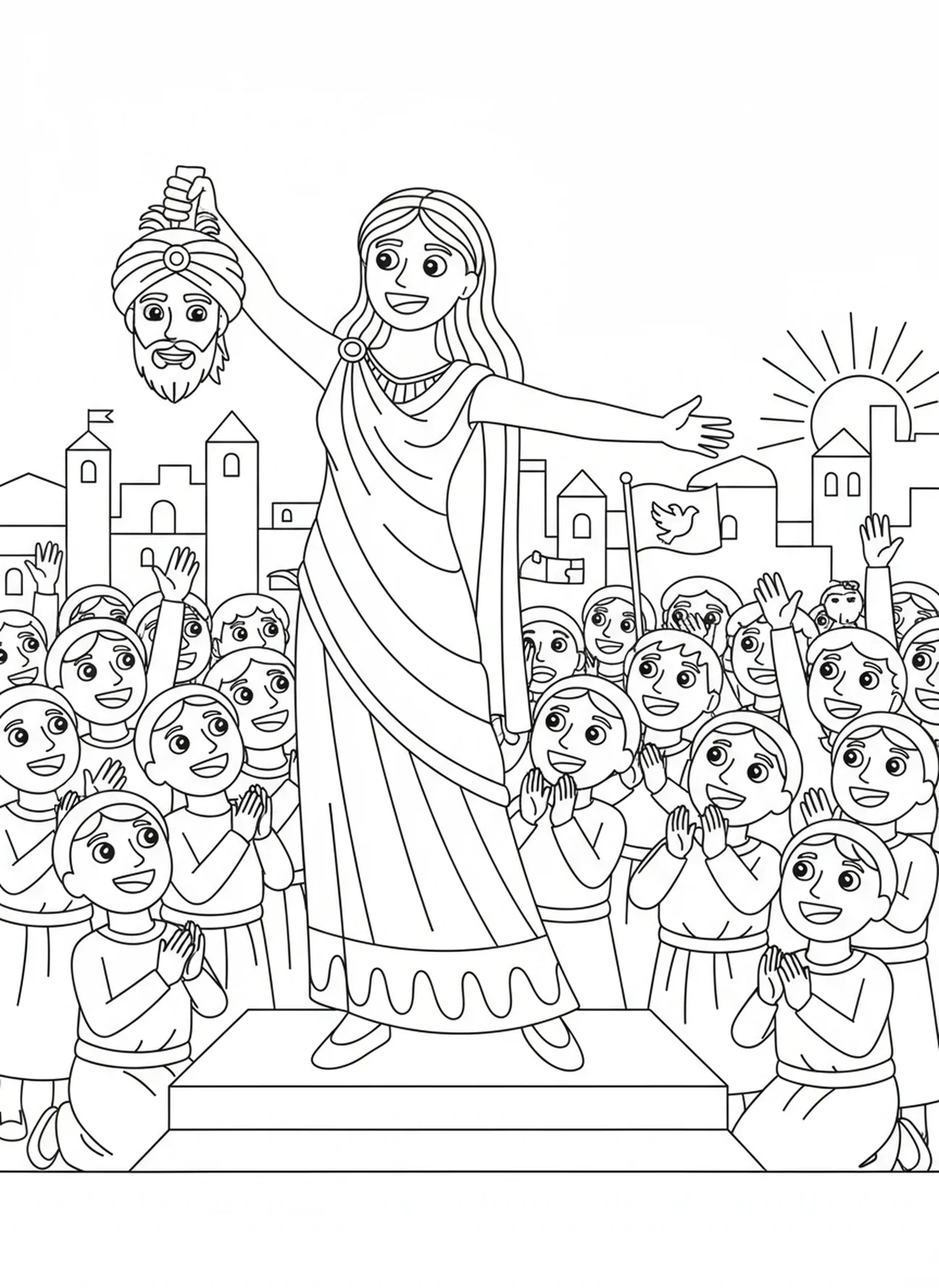 Judith zeigt den Kopf von Holofernes, Ausmalbild von Judith und Holofernes für Kinder im Alter von 5-10 Jahren