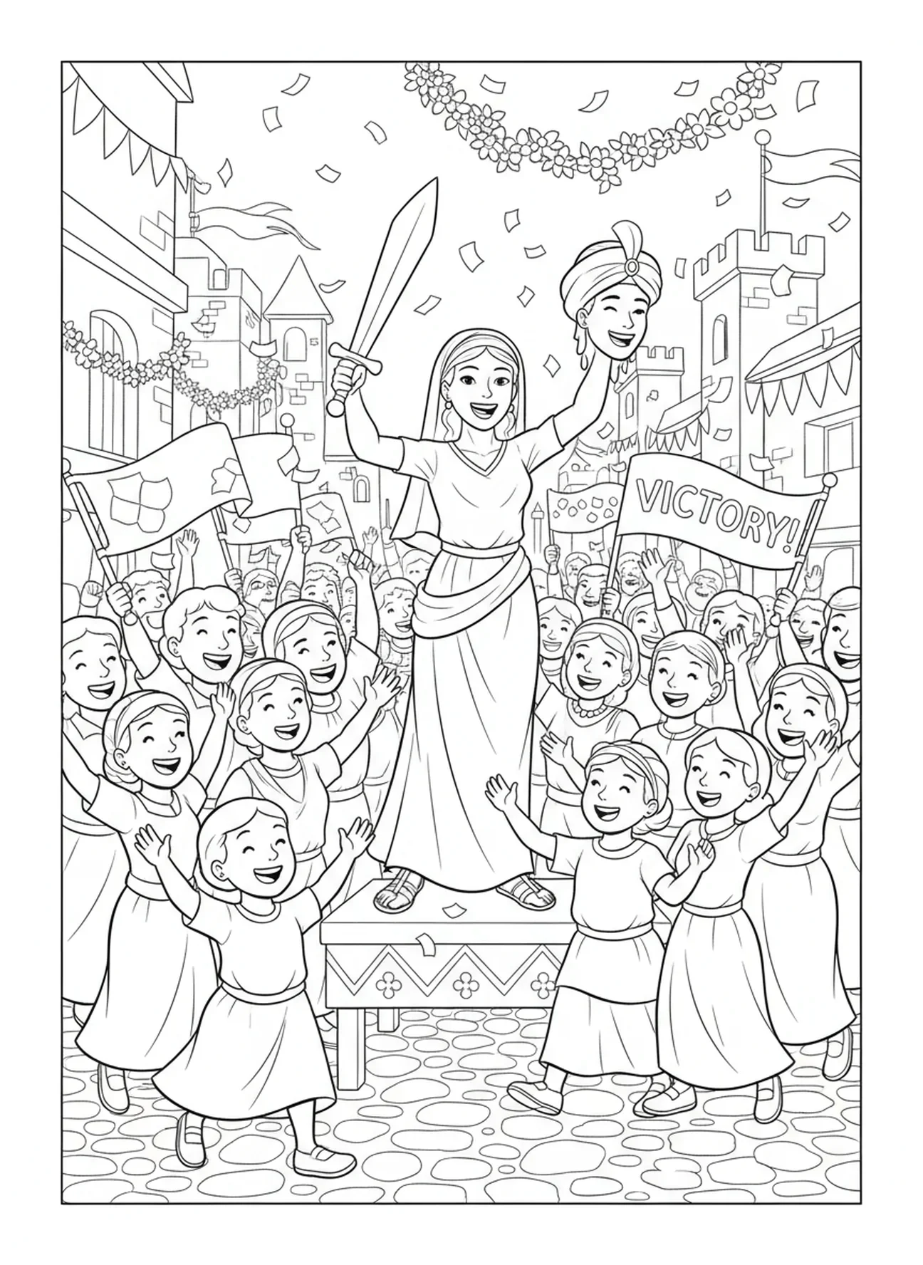 Die Stadtbewohner feiern Judith, Ausmalbild von Judith und Holofernes für Kinder im Alter von 5-10 Jahren