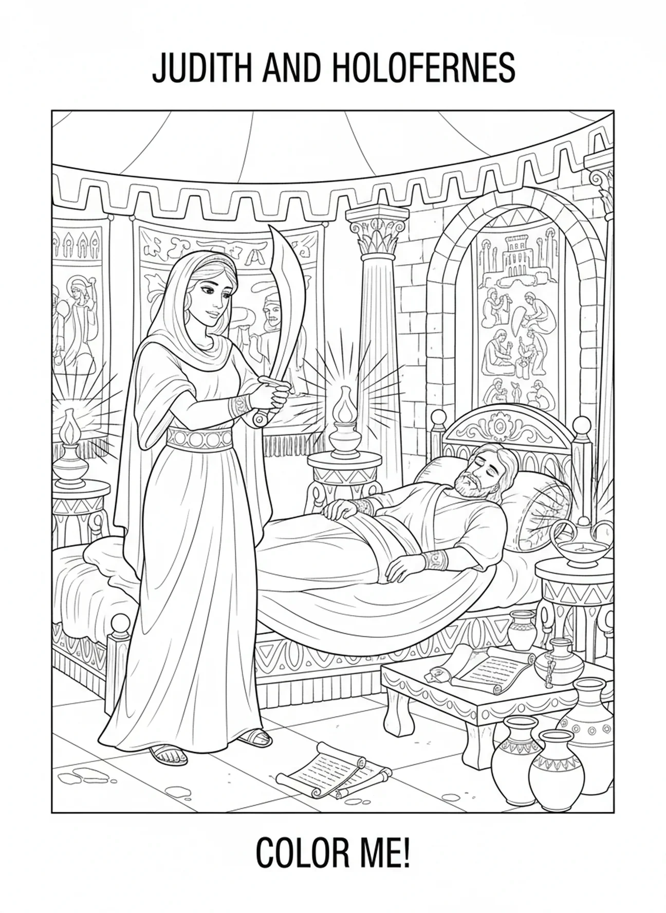 Judith im Zelt, Ausmalbild von Judith und Holofernes für Kinder in der Sonntagsschule im Alter von 5-12 Jahren.