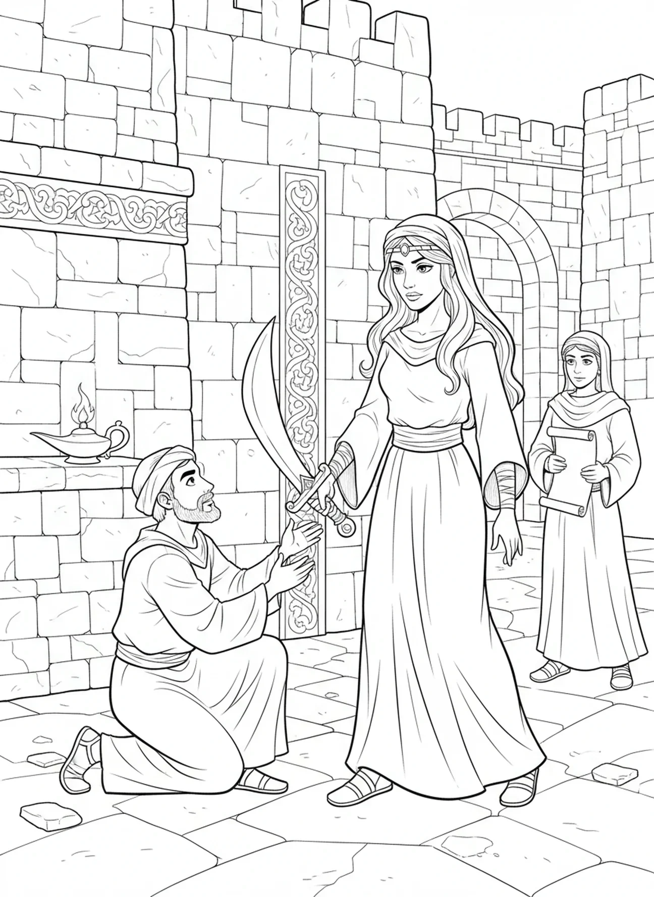 Judith erhält das Schwert, Ausmalbild von Judith und Holofernes für Kinder im Religionsunterricht im Alter von 5-12 Jahren.