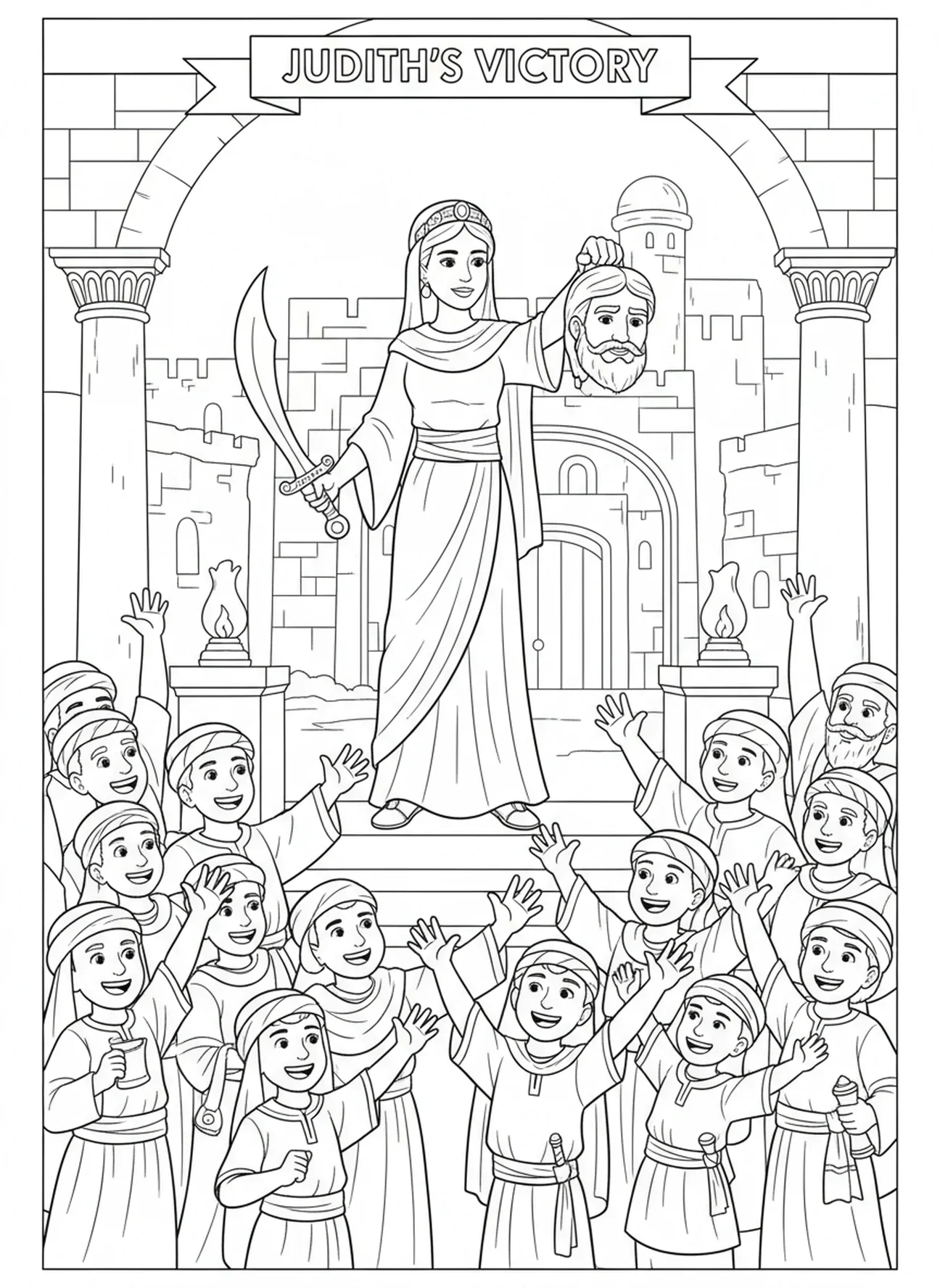 Judith hält das Haupt von Holofernes, Ausmalbild von Judith und Holofernes für die Sonntagsschule für Kinder im Alter von 5-12 Jahren.