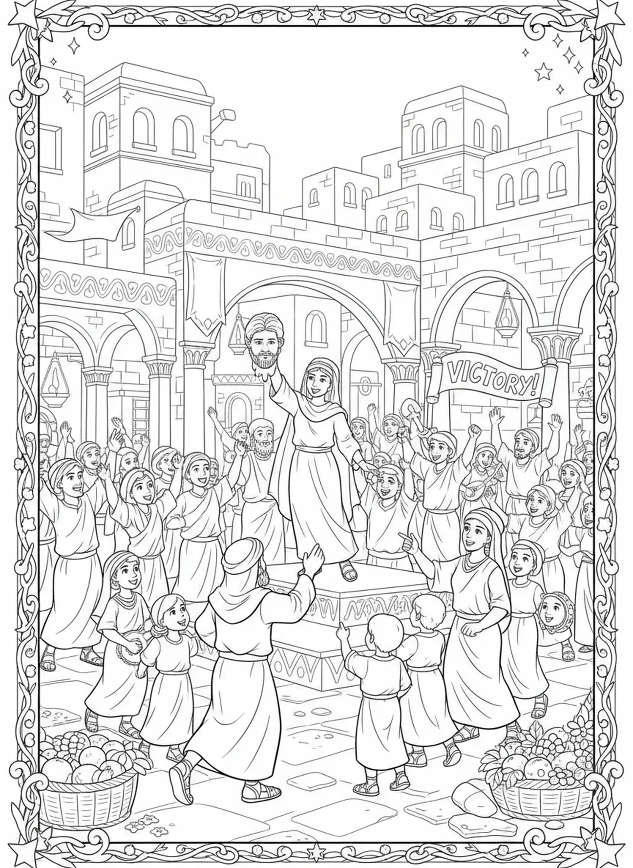 Stadt feiert den Sieg, Judith und Holofernes Malvorlage für Sonntagsschulkinder im Alter von 5-12 Jahren.