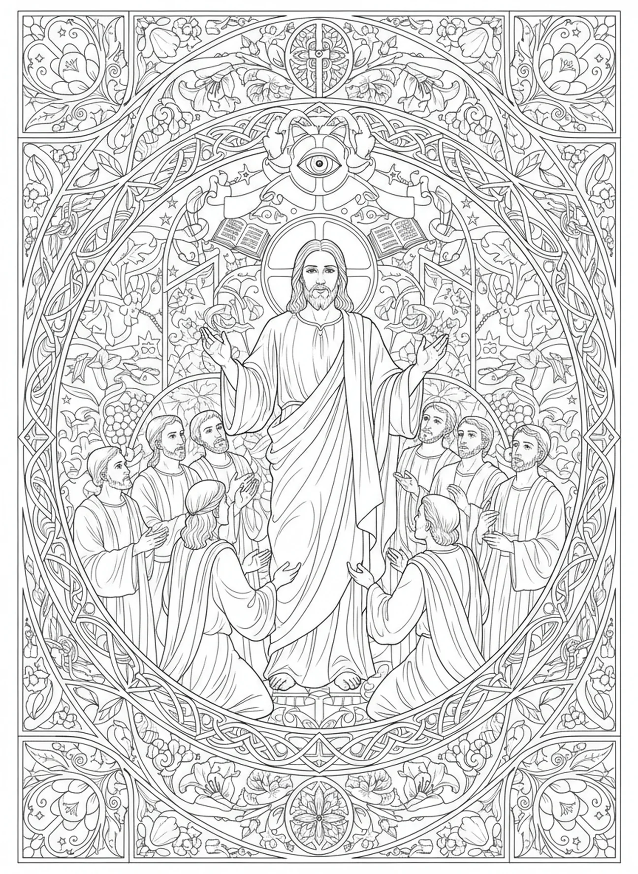Discípulos comisionados por Jesús, página para colorear de discipulado estilo journaling bíblico para adultos