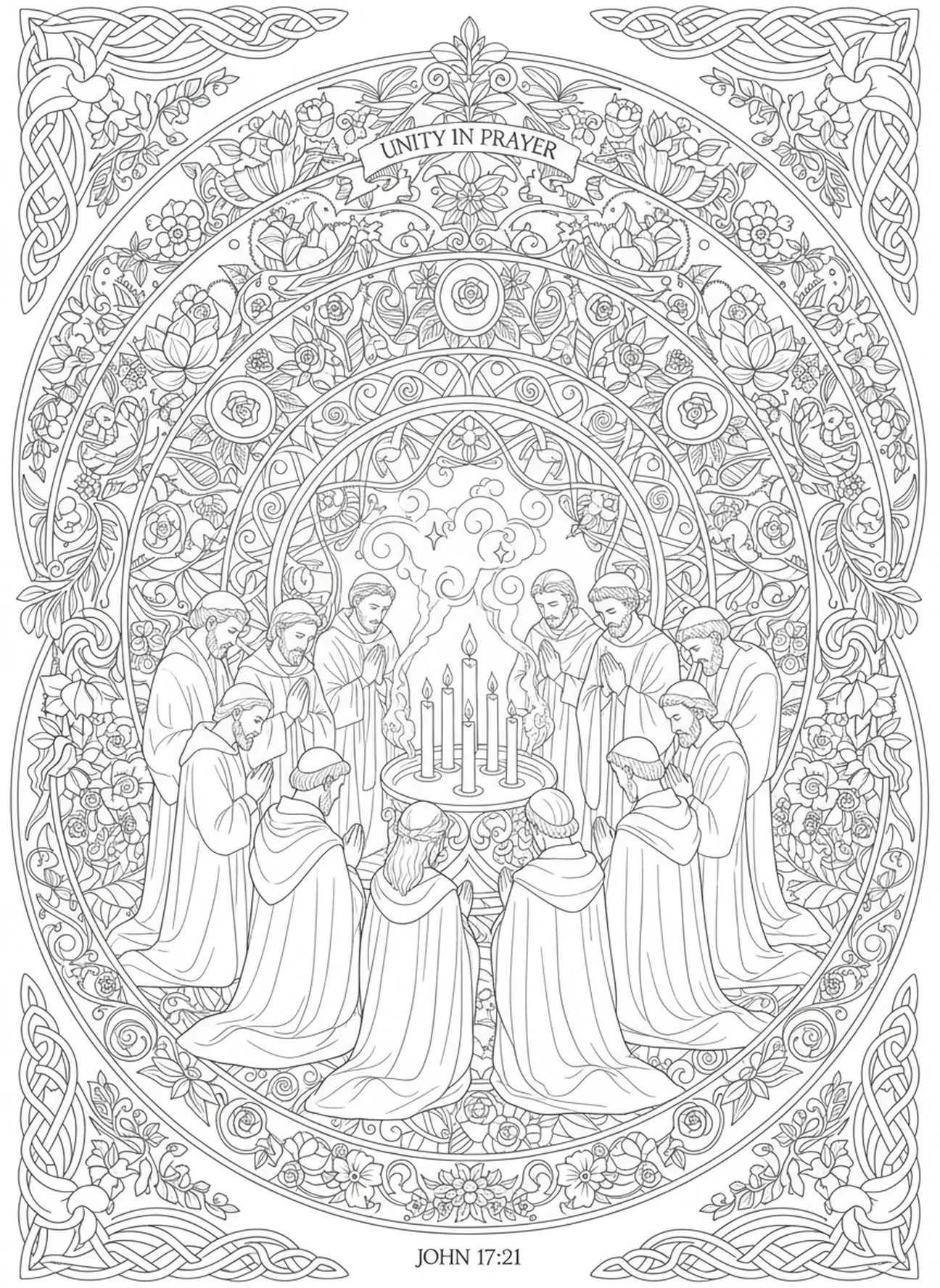 Discípulos reunidos en oración, página para colorear sobre el discipulado estilo diario bíblico para adultos