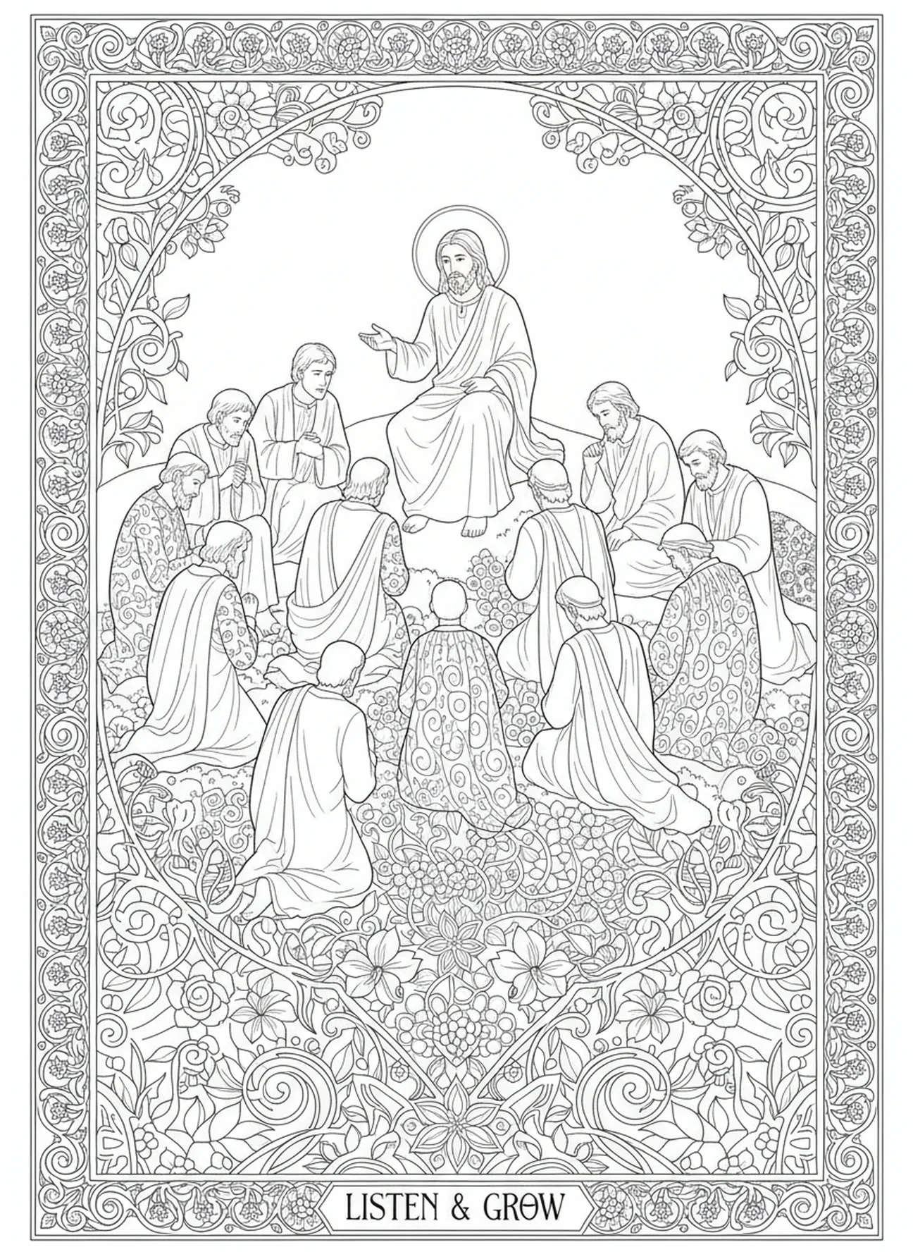 Discípulos aprendiendo de Jesús, página para colorear sobre el discipulado estilo journaling bíblico para adultos