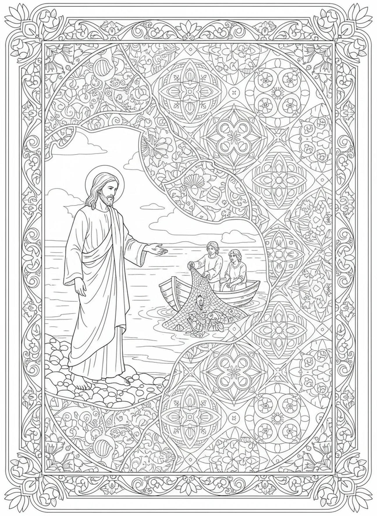 Jesús llamando a los discípulos, página para colorear sobre el discipulado estilo journaling bíblico para adultos