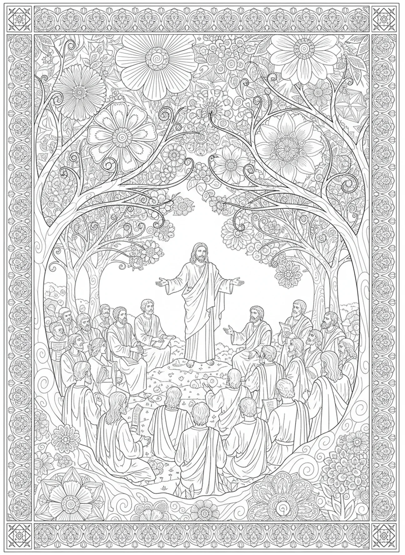Jesús enseñando a la multitud, página para colorear sobre el discipulado estilo journaling bíblico para adultos