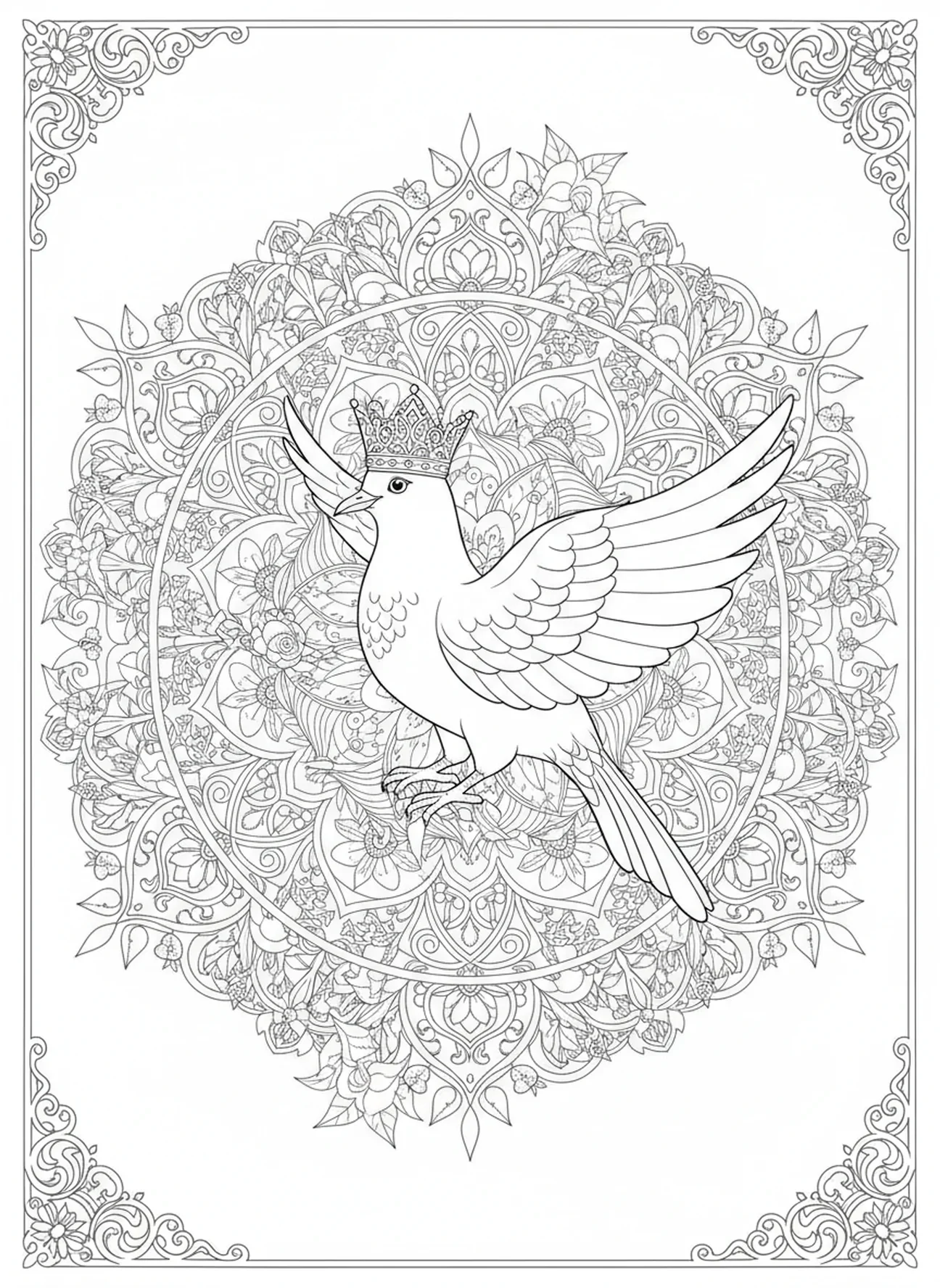 Pomba com coroa de glória, página para colorir do Espírito Santo para adultos no estilo de journaling bíblico.