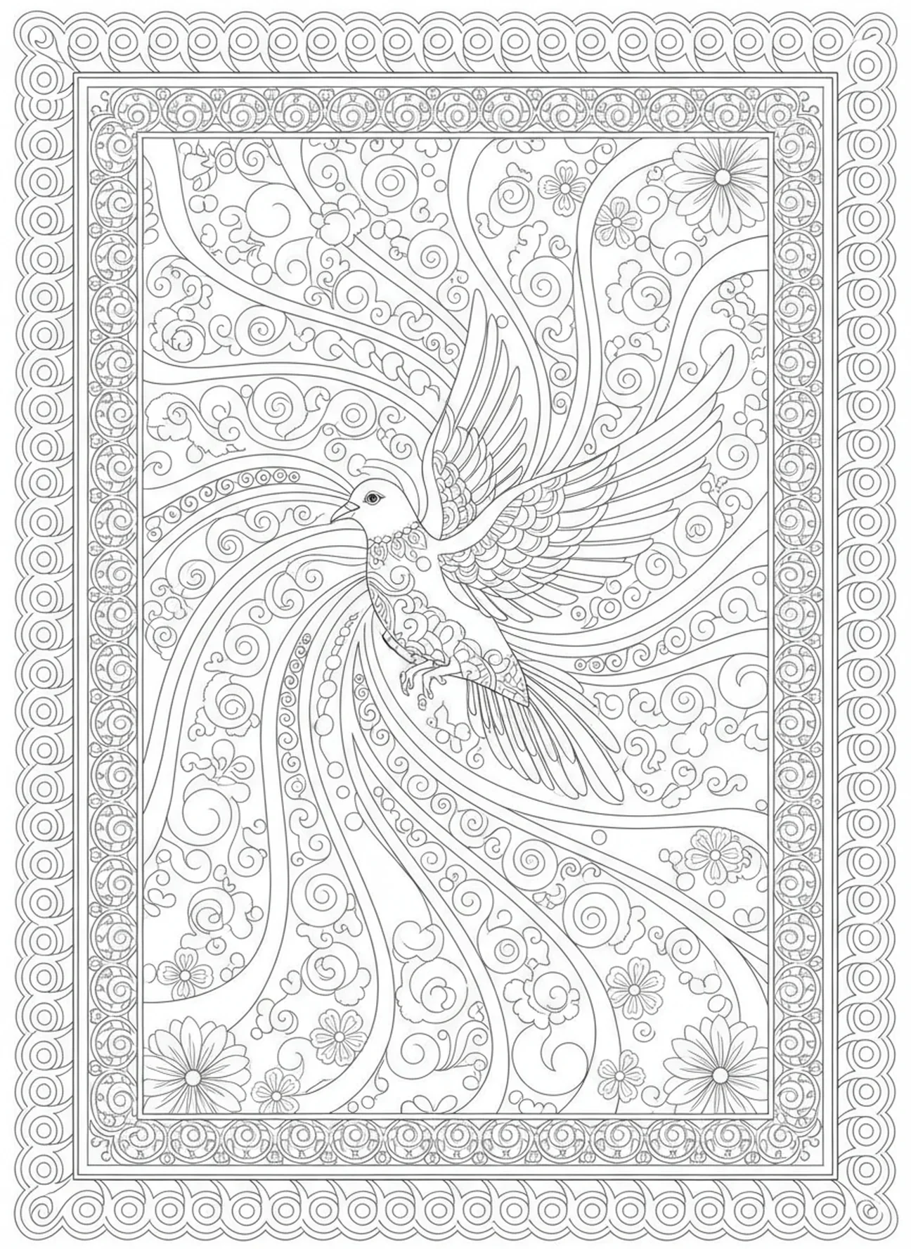 Pomba irradiando luz, página para colorir do Espírito Santo estilo journaling bíblico para adultos.