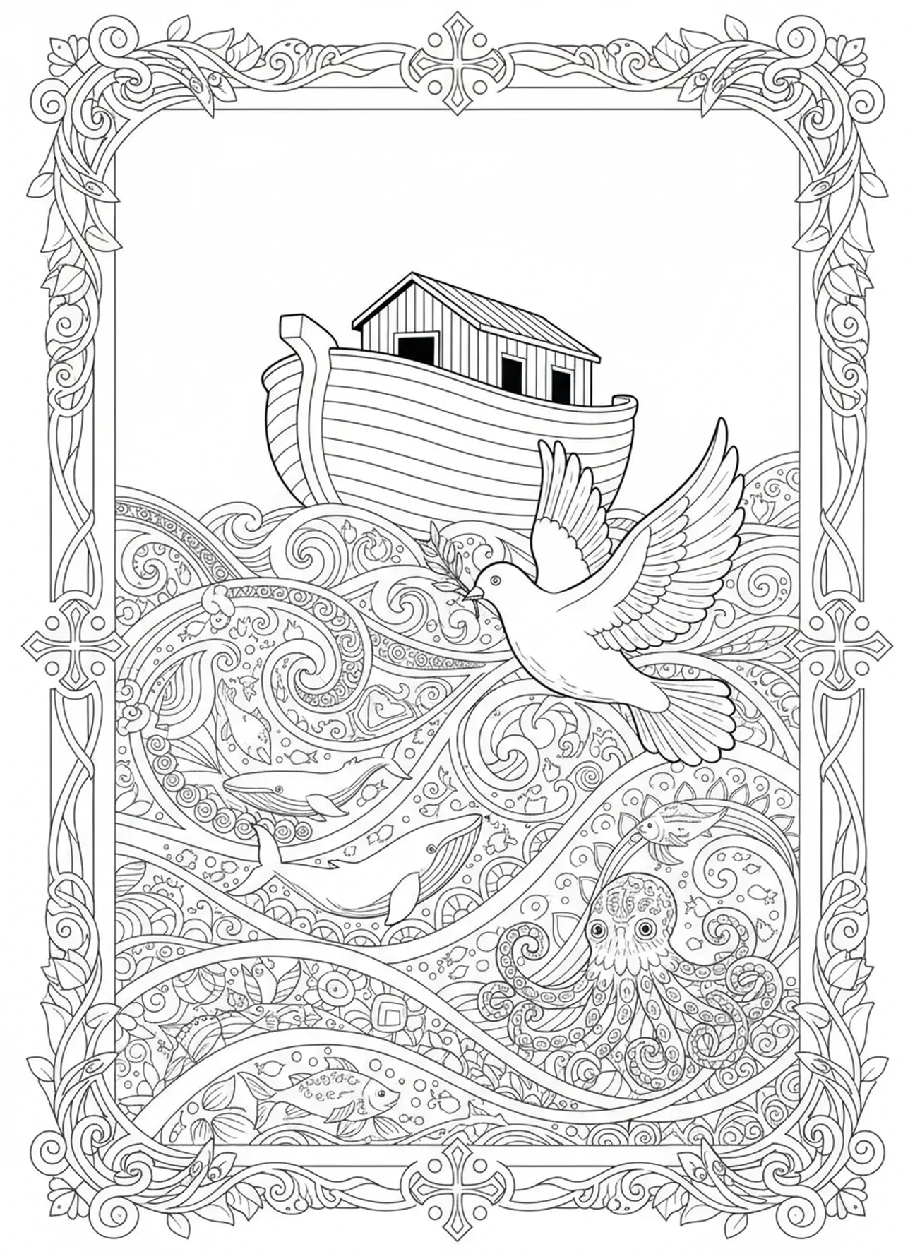 Arca de Noé no horizonte, página para colorir do Espírito Santo em forma de pomba para adultos, estilo de diário bíblico.