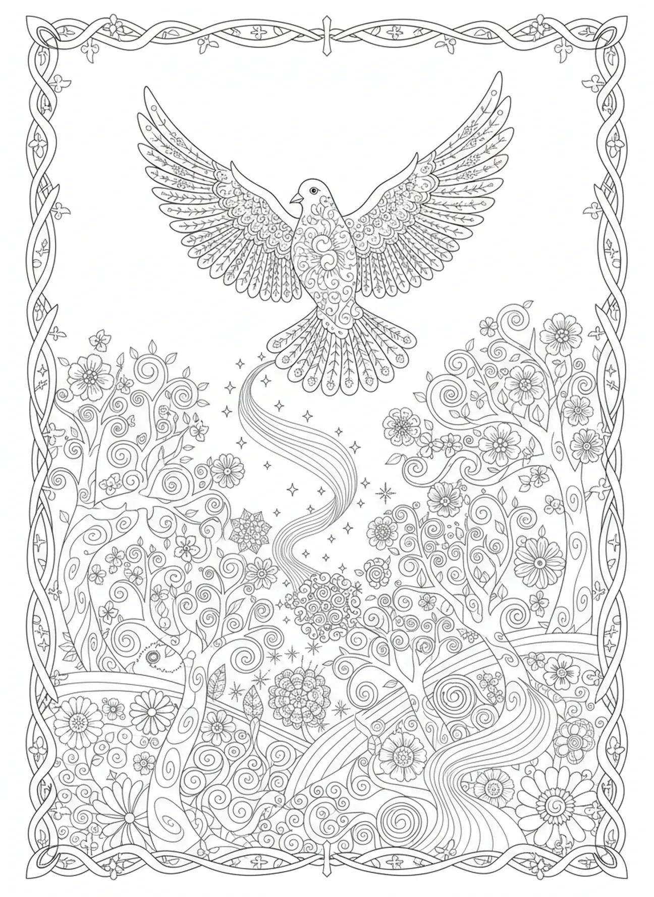 Pomba voando sobre a paisagem, página para colorir do Espírito Santo para adultos no estilo de journaling bíblico.