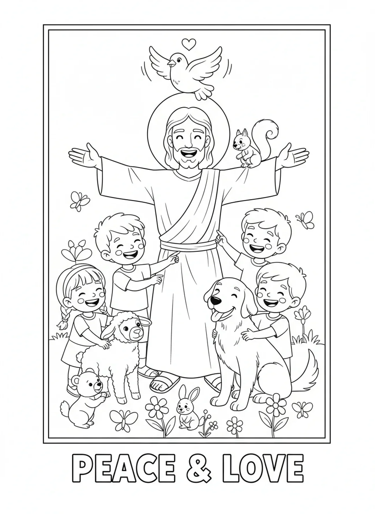 Jesus com crianças, página para colorir do Espírito Santo em forma de pomba para crianças de 5 a 10 anos