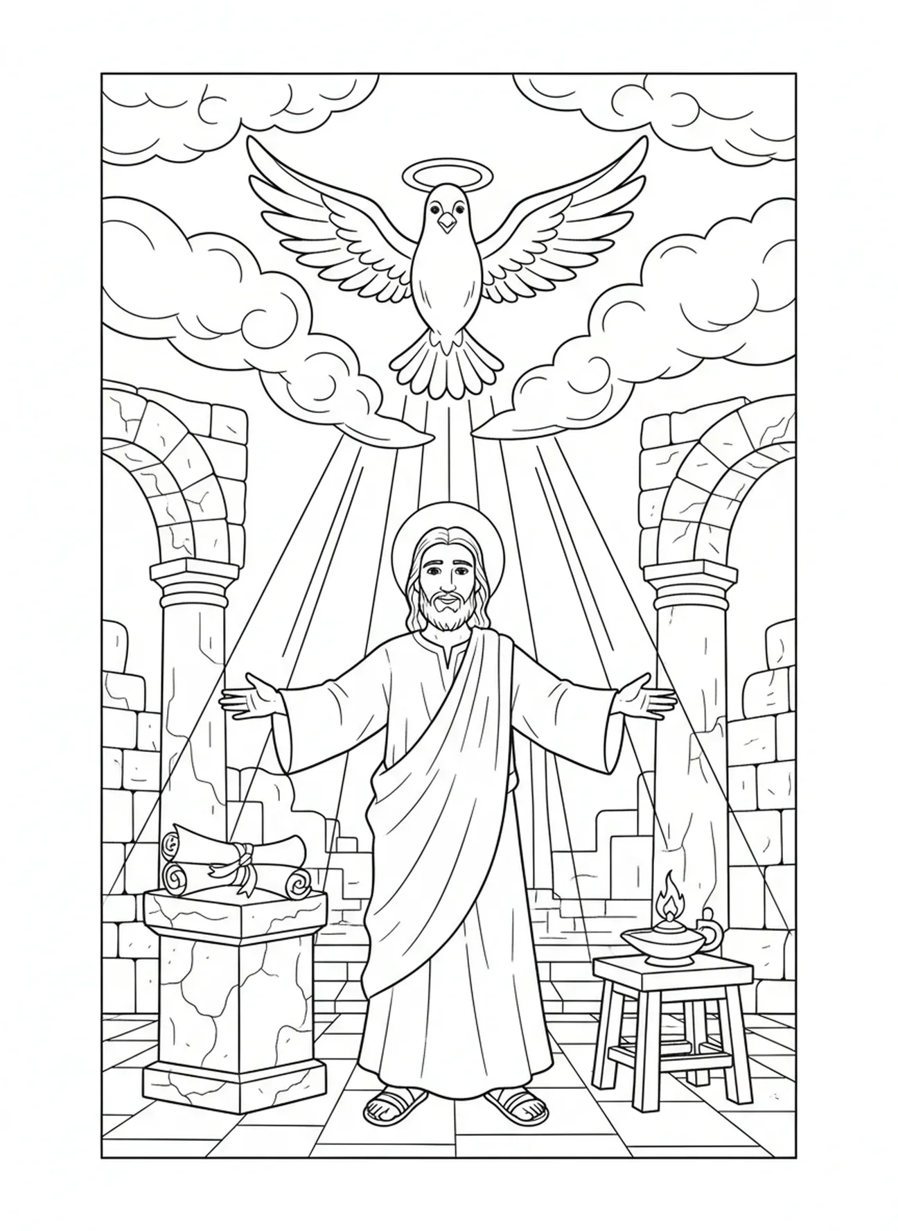 Colombe descendant du ciel, page à colorier de la Colombe Saint-Esprit pour les enfants de l'École du dimanche âgés de 5 à 12 ans