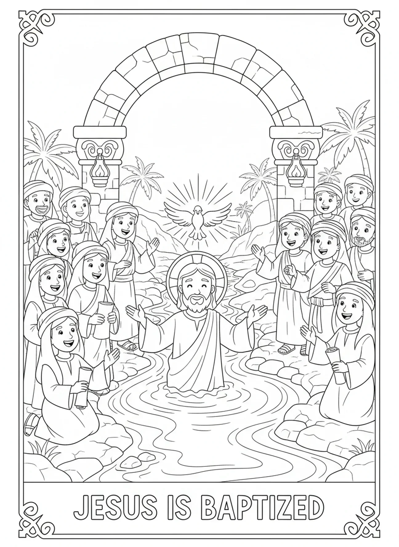 Jésus émergeant de l'eau, page à colorier du Saint-Esprit en forme de colombe pour les enfants de l'École du dimanche âgés de 5 à 12 ans