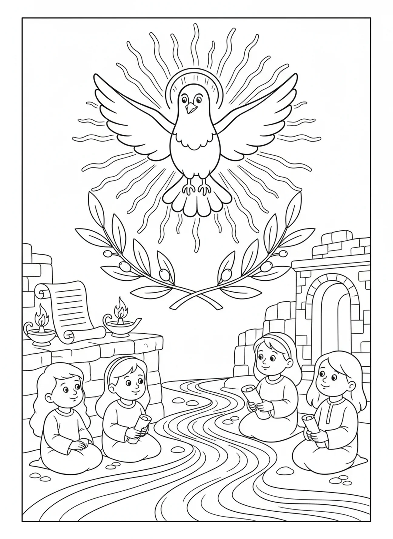 Lumière du Saint-Esprit rayonnante, page à colorier du Saint-Esprit en forme de colombe pour les enfants de l'École du dimanche âgés de 5 à 12 ans