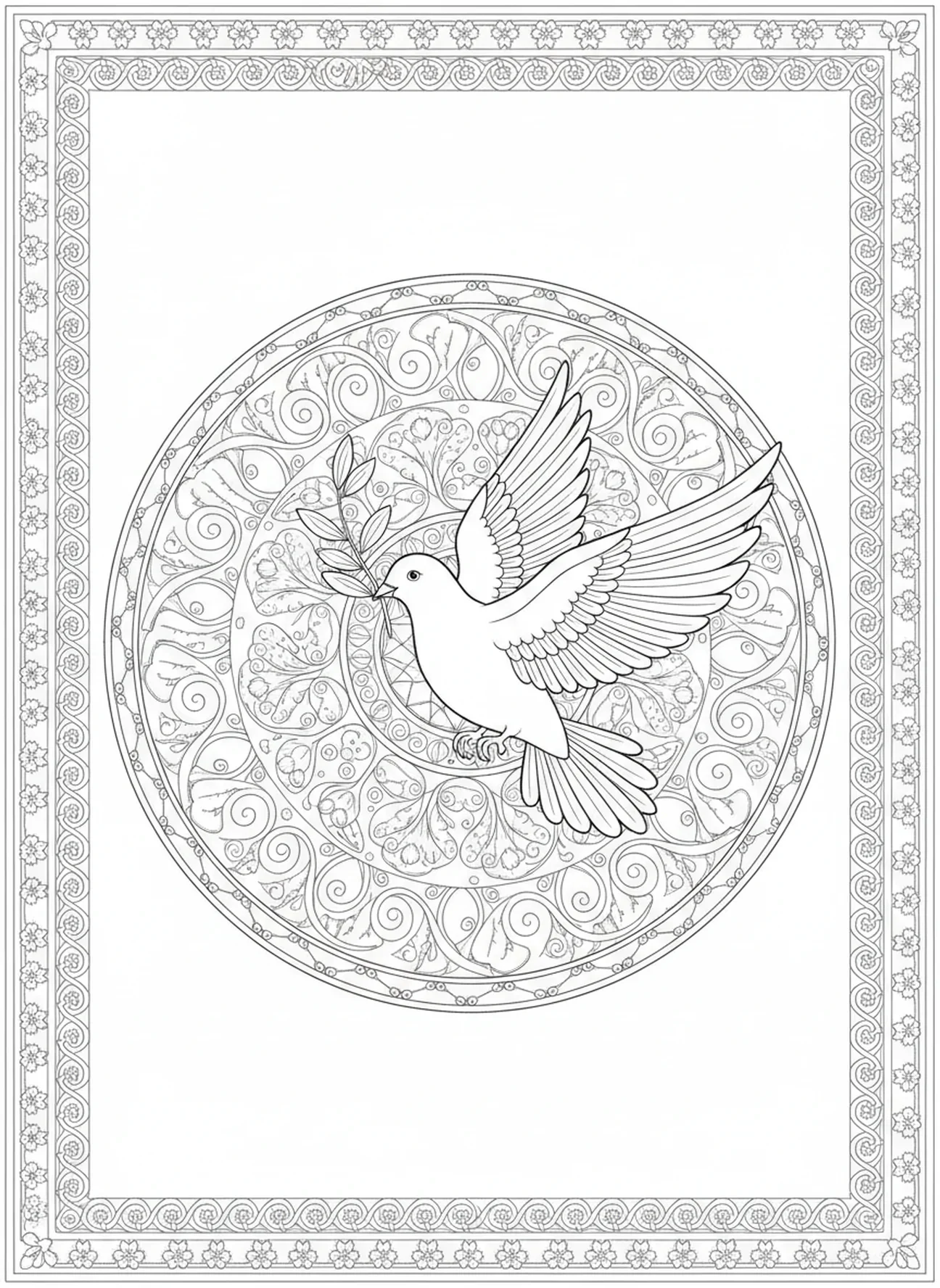 Paloma llevando una rama de olivo, página para colorear Palomas de la Paz estilo journaling bíblico para adultos