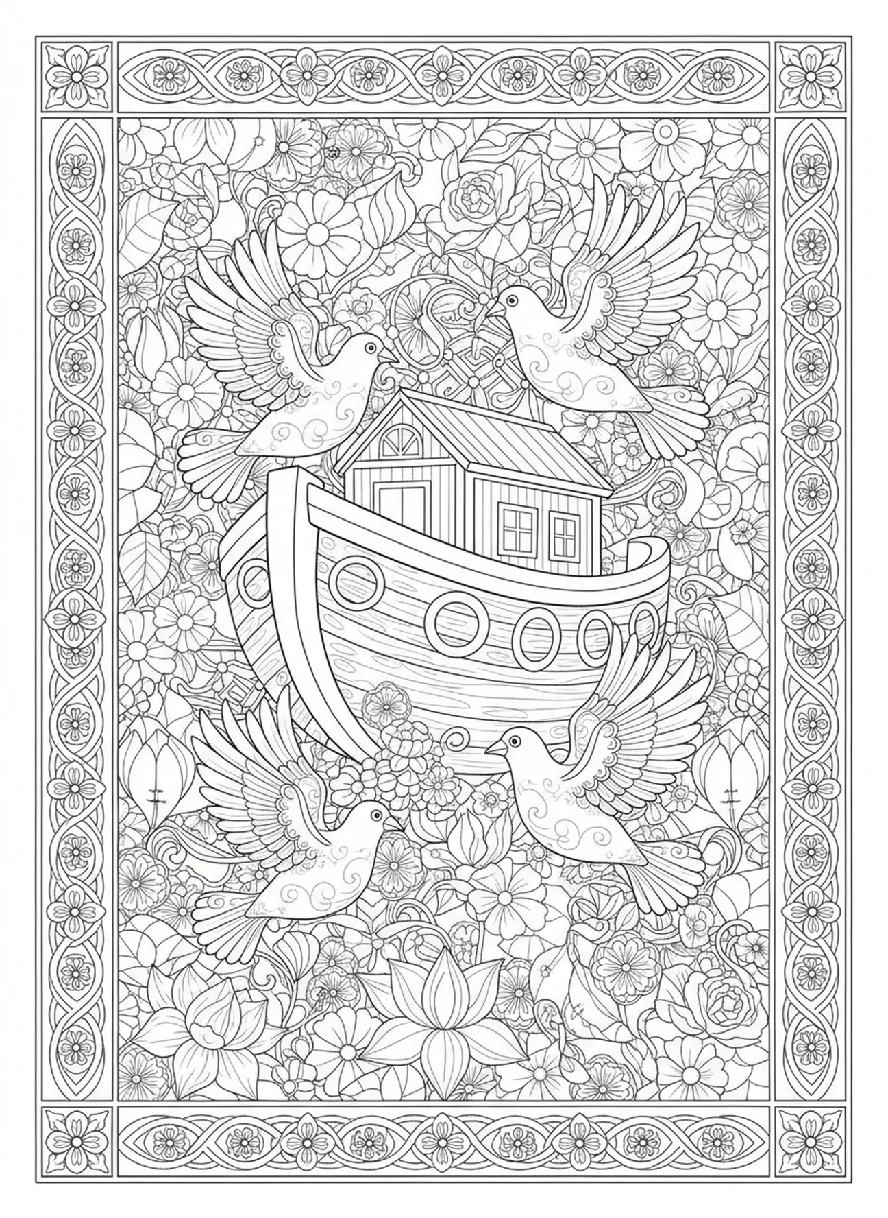 Palomas posadas entre flores, página para colorear Palomas de la Paz estilo journaling bíblico para adultos