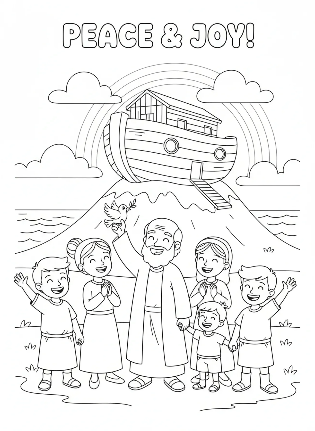 Noé et sa famille célébrant, page à colorier des colombes de la paix pour les enfants de 5 à 10 ans