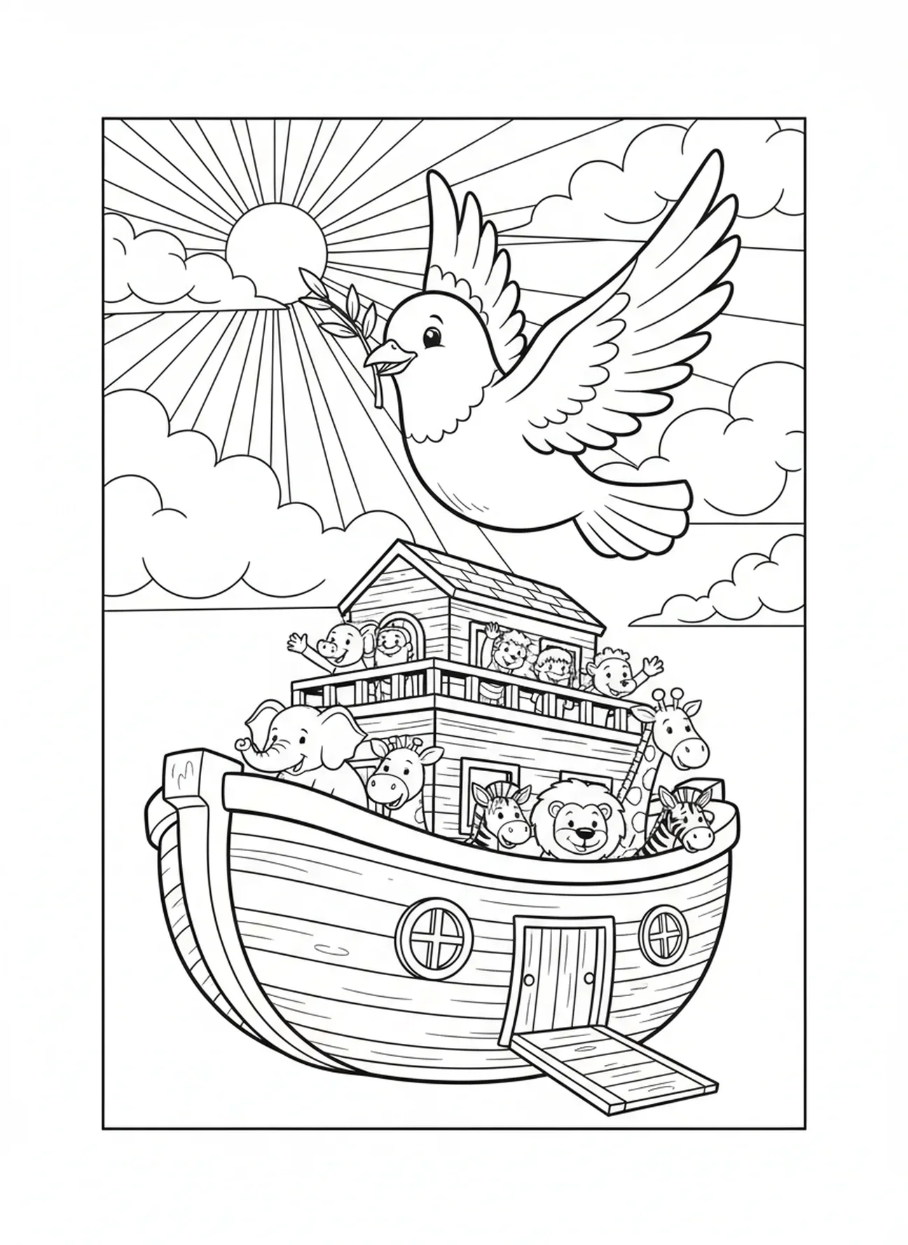 Colombe volant au-dessus de l'arche, page à colorier Colombe de la Paix pour enfants de 5 à 10 ans