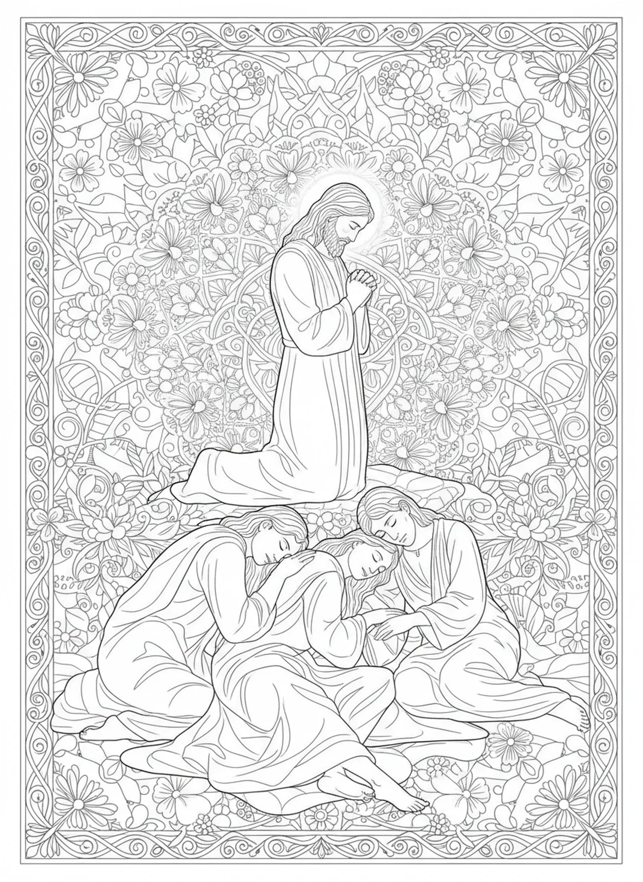 Schlafende Jünger im Garten, Ausmalbild zur Agonie im Garten für Erwachsene im Bibel-Journaling-Stil