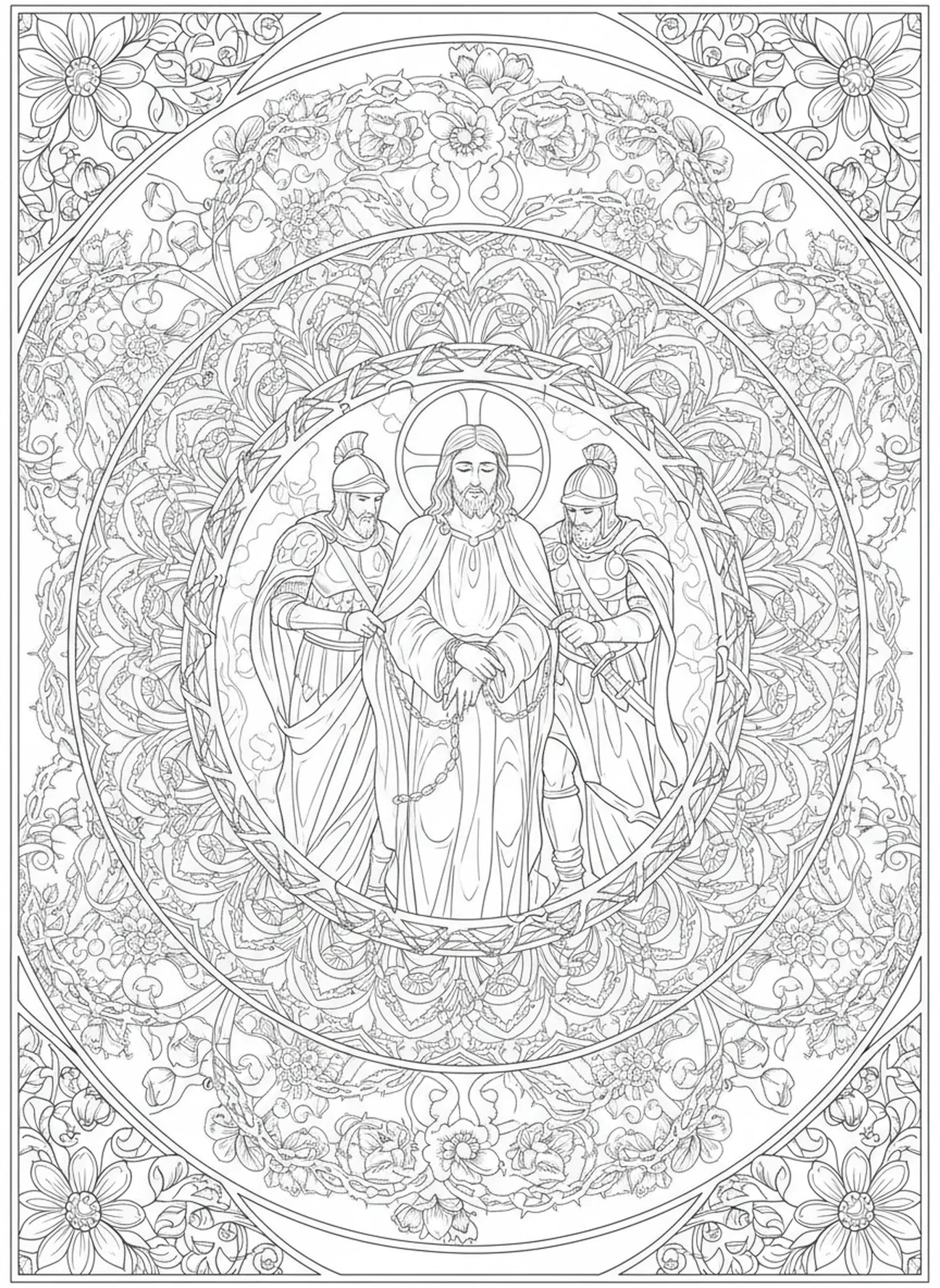 Jesus wird von Soldaten verhaftet, Ausmalbild zur Agonie im Garten für Erwachsene im Stil des Bibeljournaling