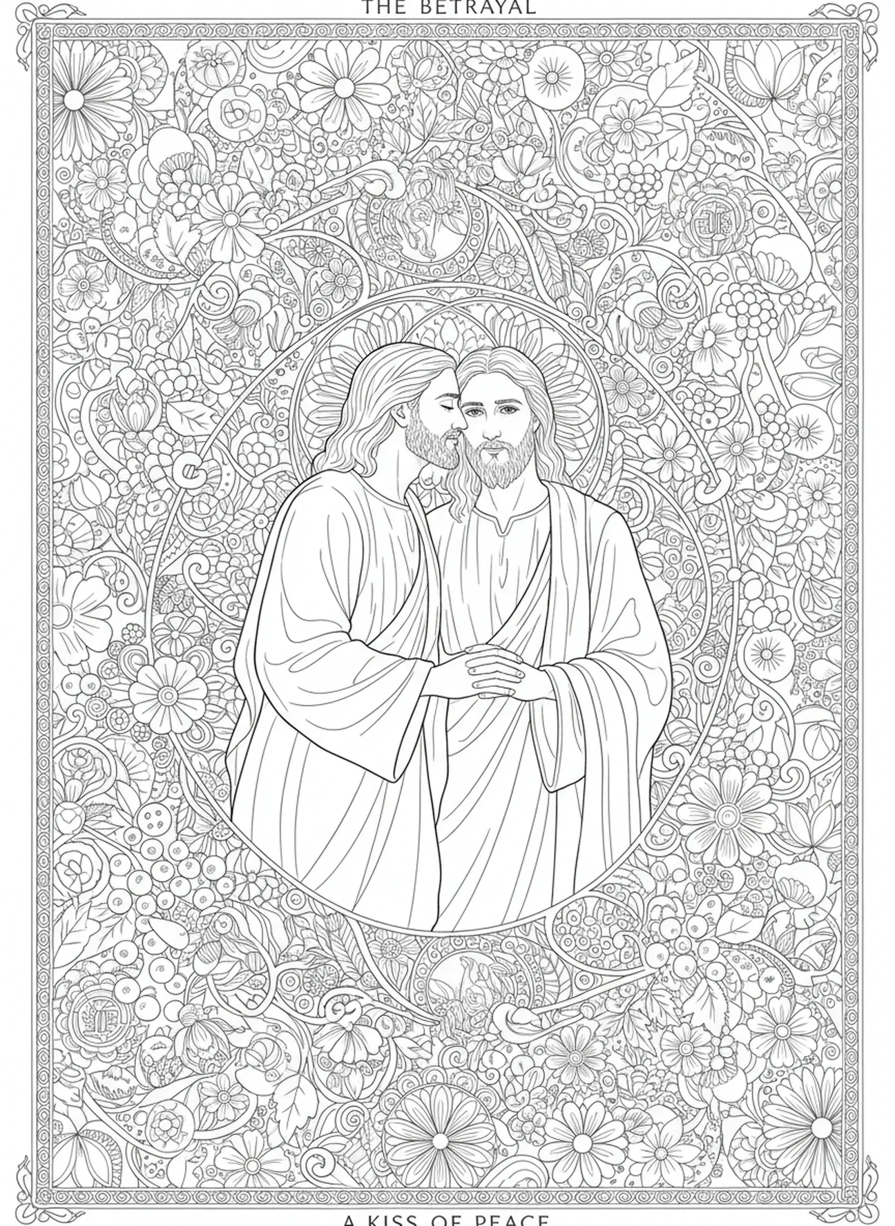 Judas verrät Jesus mit einem Kuss, Ausmalbild für Erwachsene im Bibel-Journaling-Stil