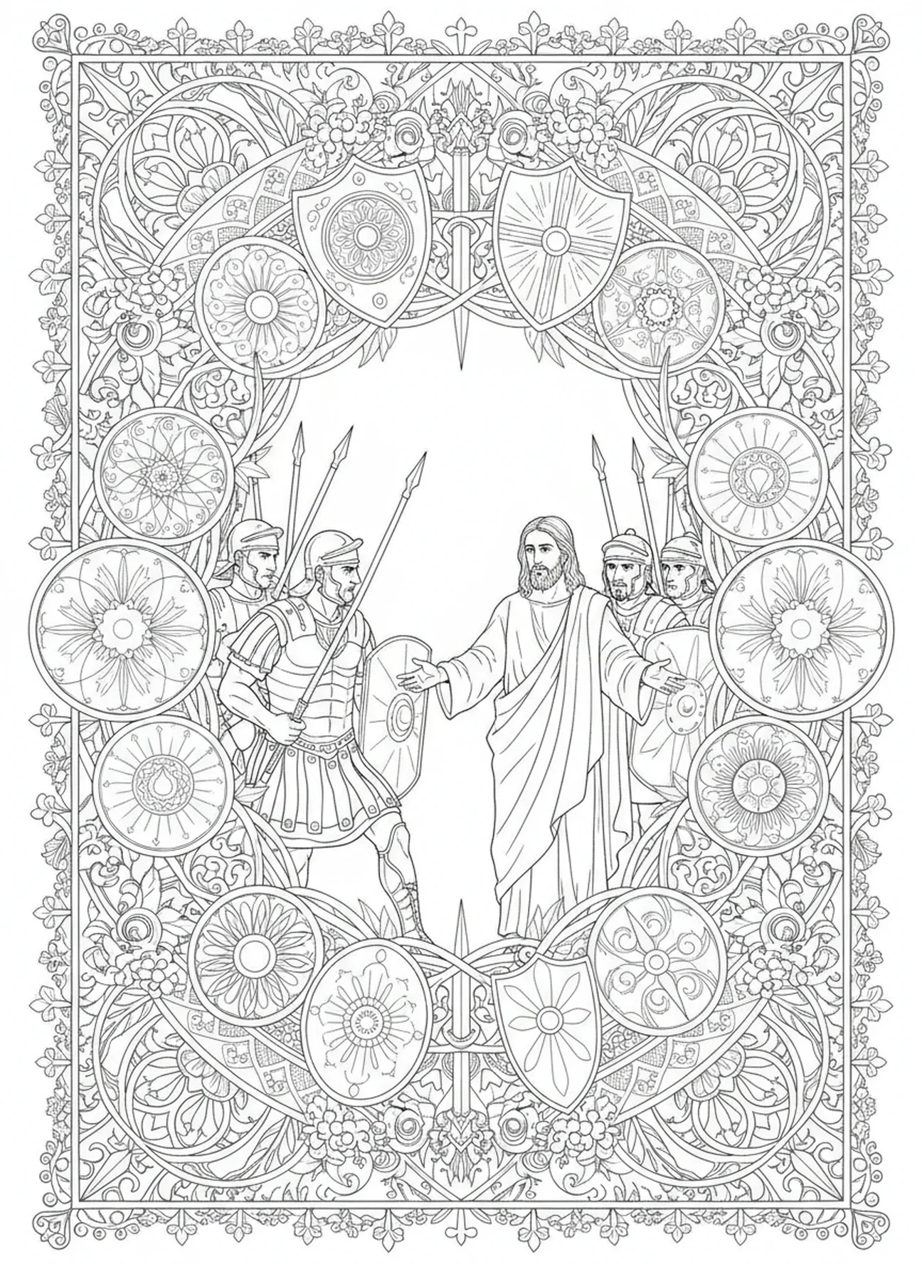 Soldaten, die kommen, um Jesus zu verhaften, Ausmalbild zur Agonie im Garten für Erwachsene im Stil des Bibel-Journalings