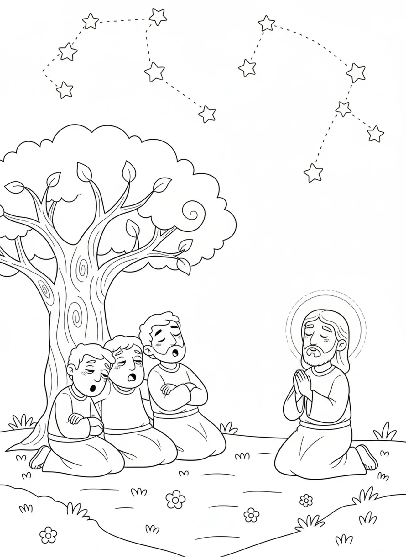 Drie slapende discipelen, Kleurplaat van de Agonie in de Tuin voor kinderen van 5-10 jaar