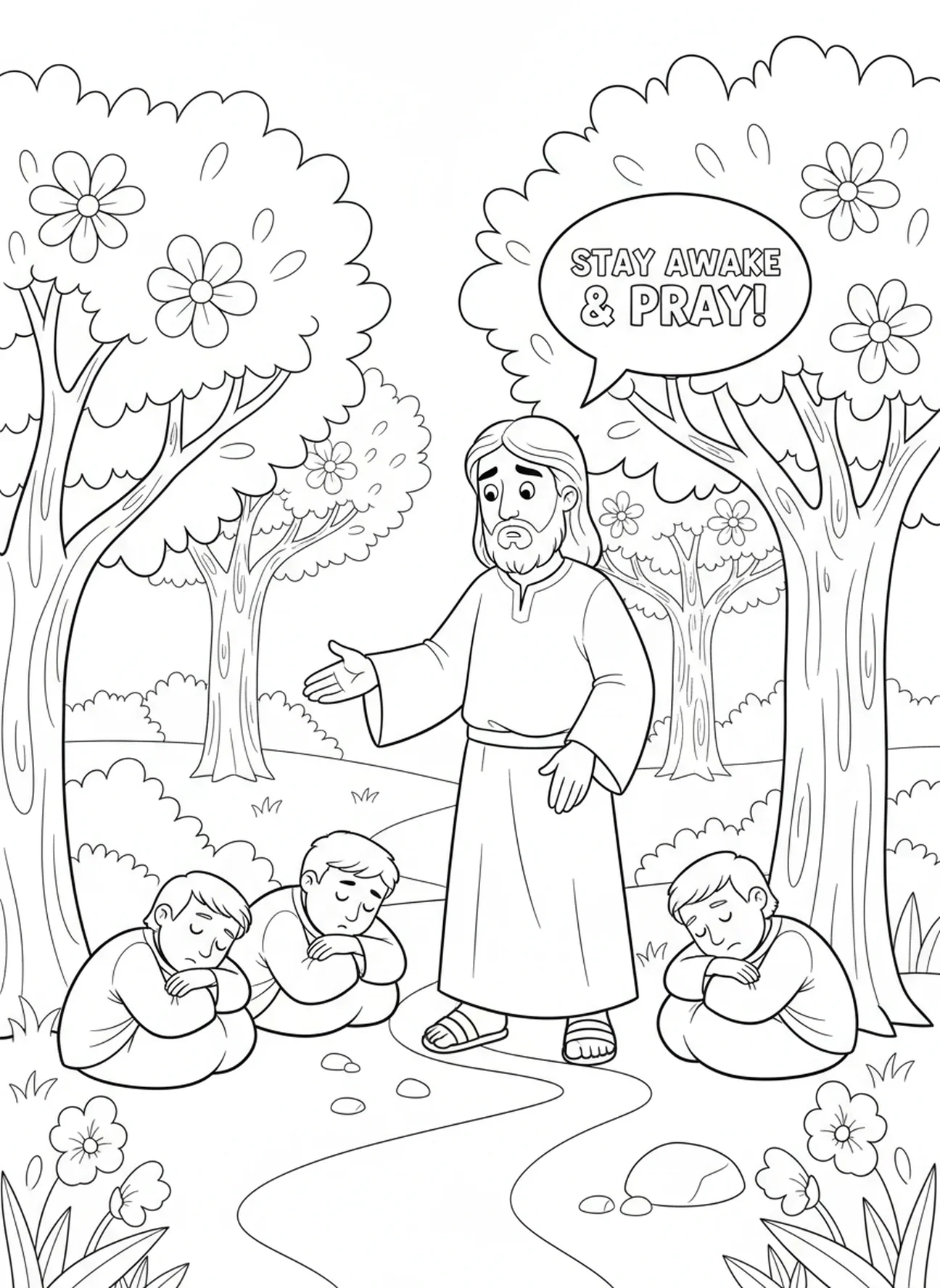 Jezus die zijn discipelen toespreekt, Kleurplaat van de Agonie in de Tuin voor kinderen van 5-10 jaar
