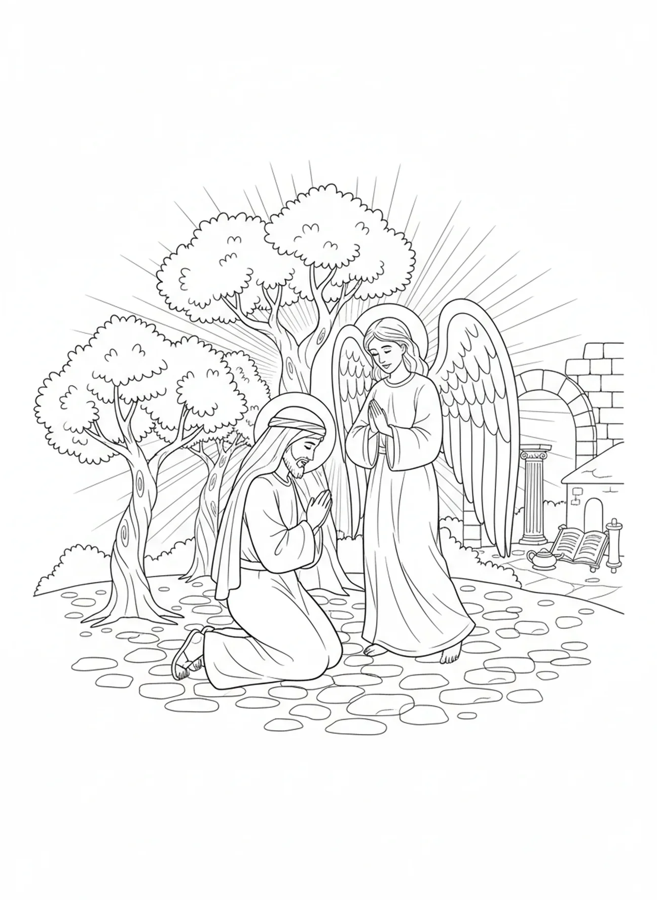 Anjo aparecendo para Jesus, página de colorir Agonia no Jardim para crianças da Escola Dominical de 5 a 12 anos.