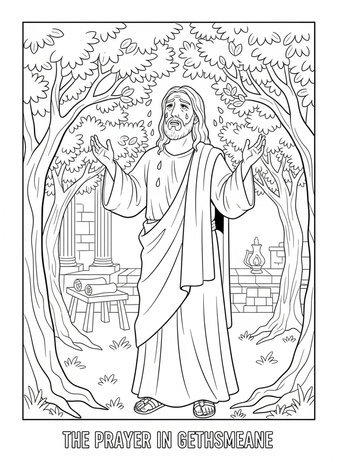 Jesus em angústia, página de colorir Agonia no Jardim para crianças da Escola Dominical de 5 a 12 anos.