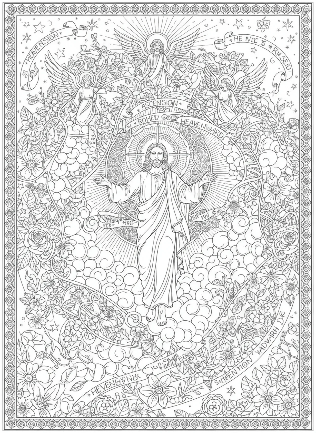 Jésus s'élevant dans les nuages, page à colorier de la Crucifixion Couronne d'Épines pour adultes dans le style du journal biblique
