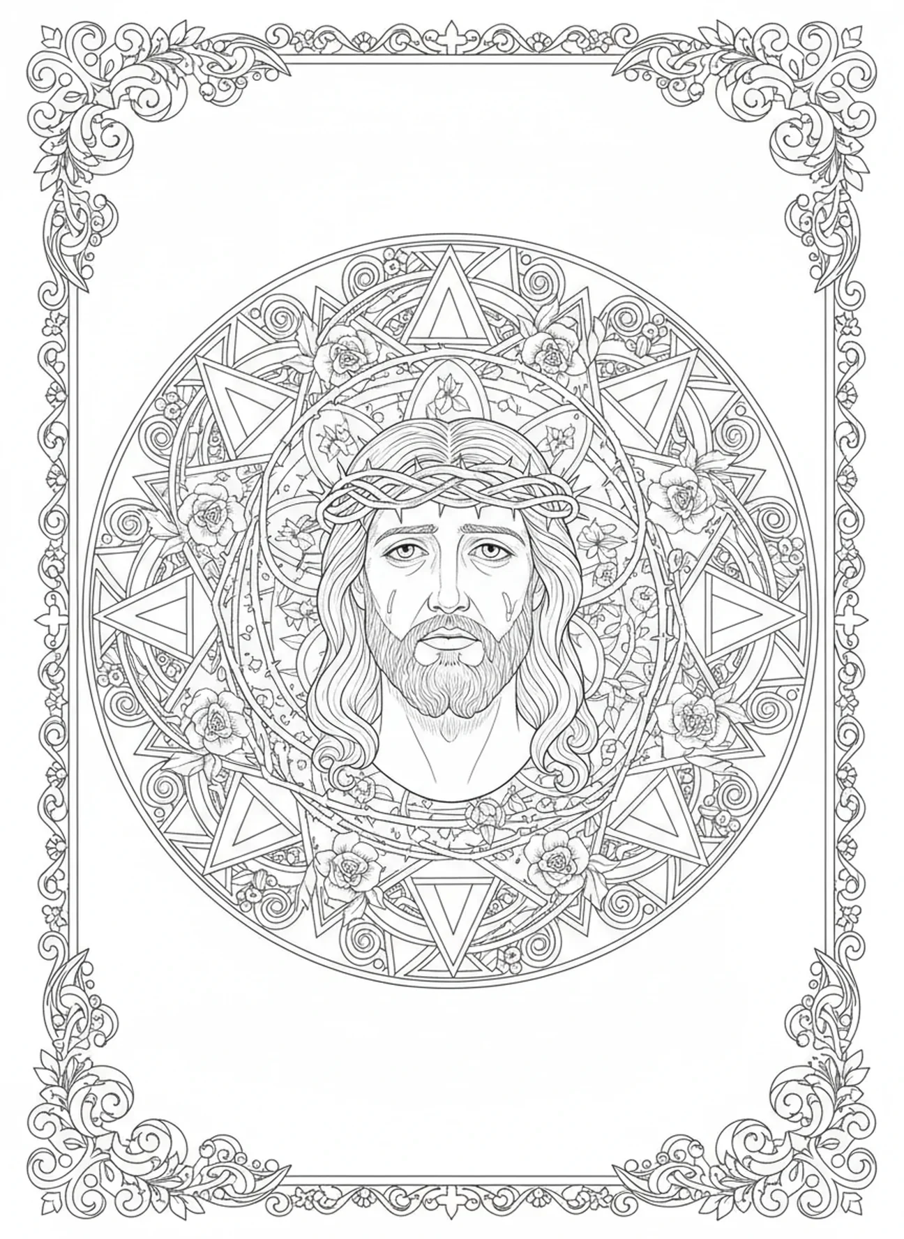 Jésus couronné d'épines, page à colorier Crucifixion Couronne d'Épines pour adultes dans le style du journal biblique