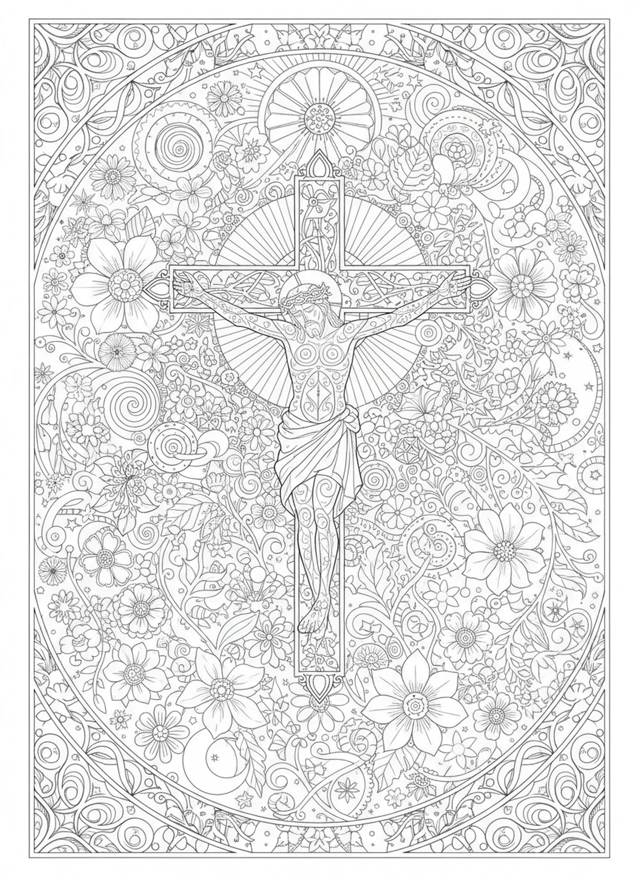 Jésus sur la croix, page à colorier de la Crucifixion Couronne d'Épines pour adultes dans le style de journal biblique