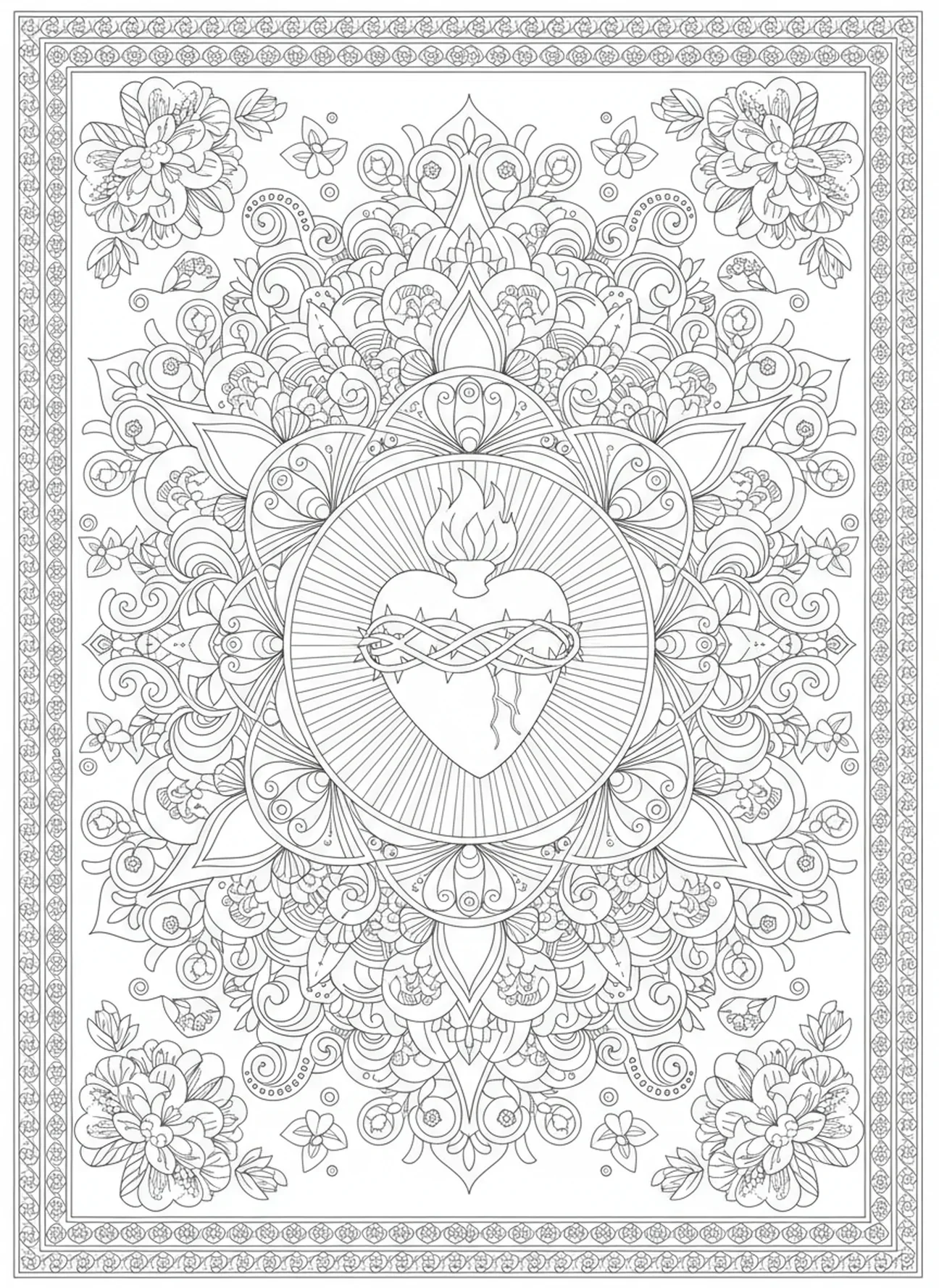 Cœur Sacré de Jésus entouré de motifs floraux, page à colorier Crucifixion Couronne d'épines pour adultes dans le style de Bible journaling