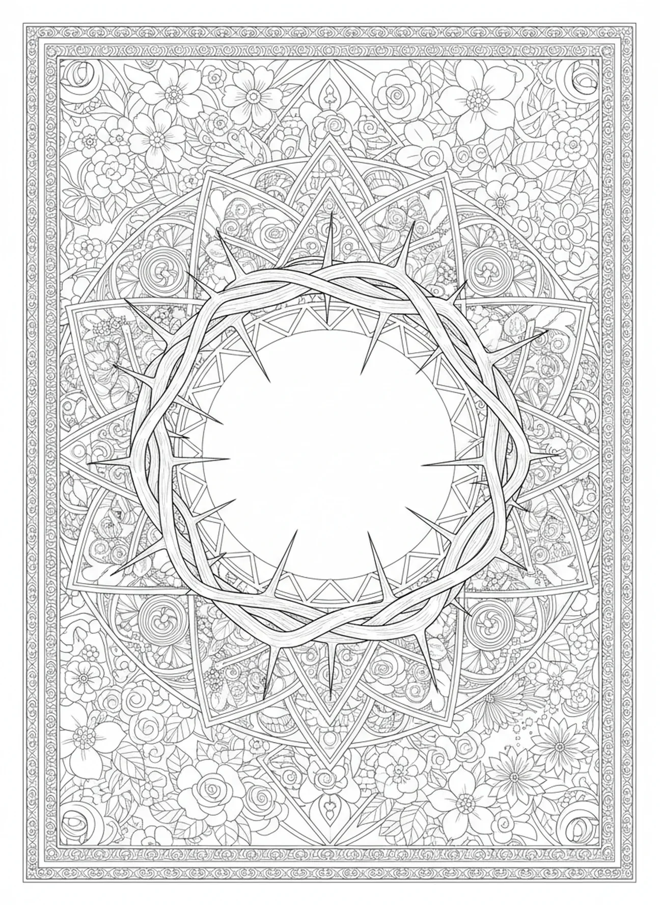 Couronne d'épines avec des fleurs, page à colorier de la Crucifixion Couronne d'Épines pour adultes dans un style de journal biblique