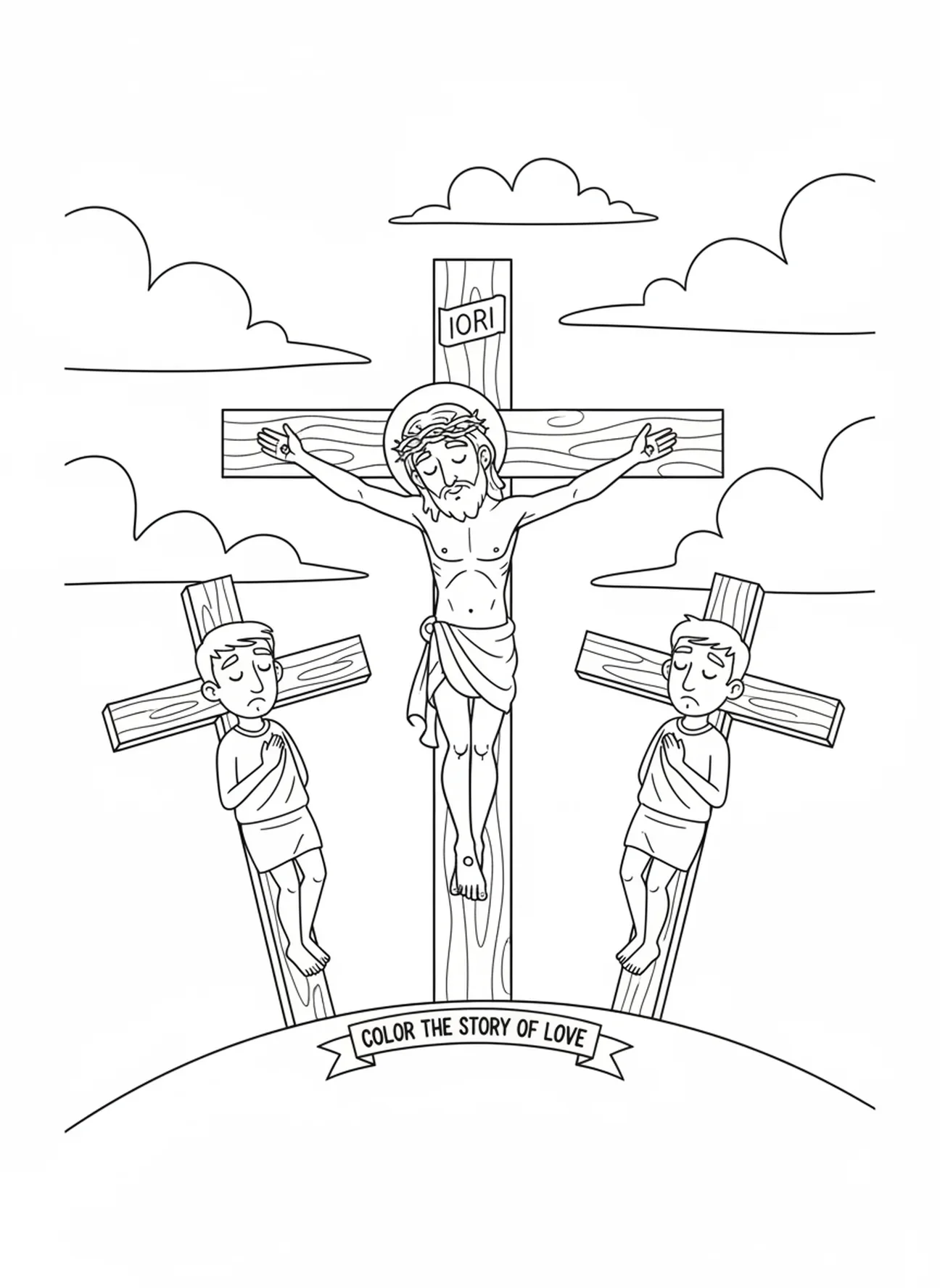 Jezus na krzyżu, kolorowanka z Ukrzyżowaniem i koroną cierniową dla dzieci w wieku 5-10 lat.