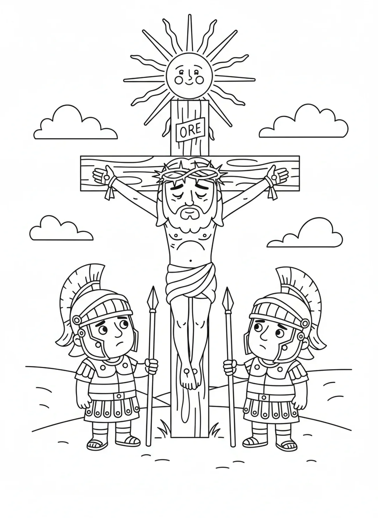 Jezus na krzyżu, kolorowanka o Ukrzyżowaniu z koroną cierniową dla dzieci w wieku 5-10 lat.