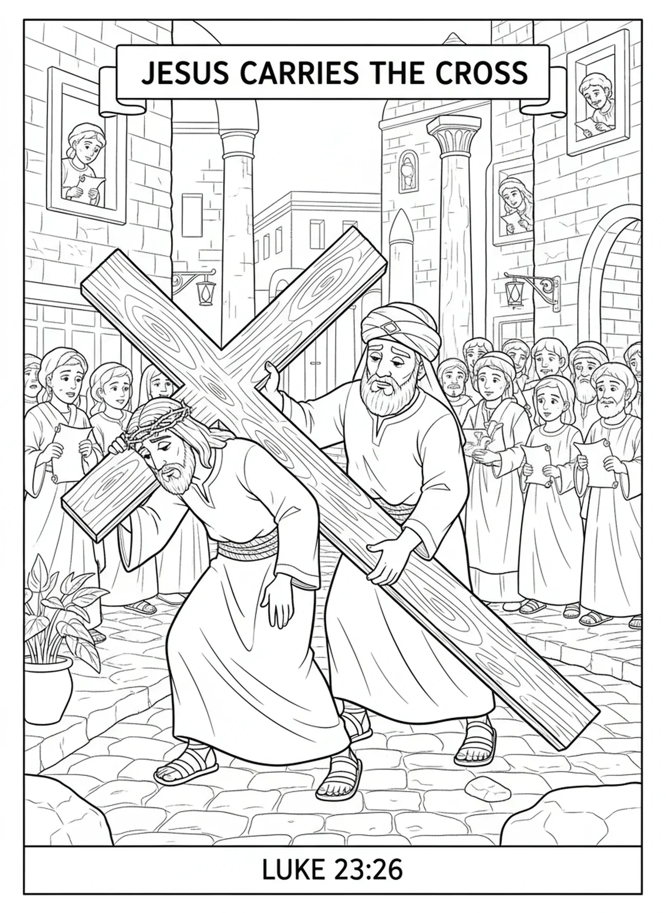 Jésus portant la croix, page à colorier Couronne d'épines pour les enfants de l'École du dimanche âgés de 5 à 12 ans