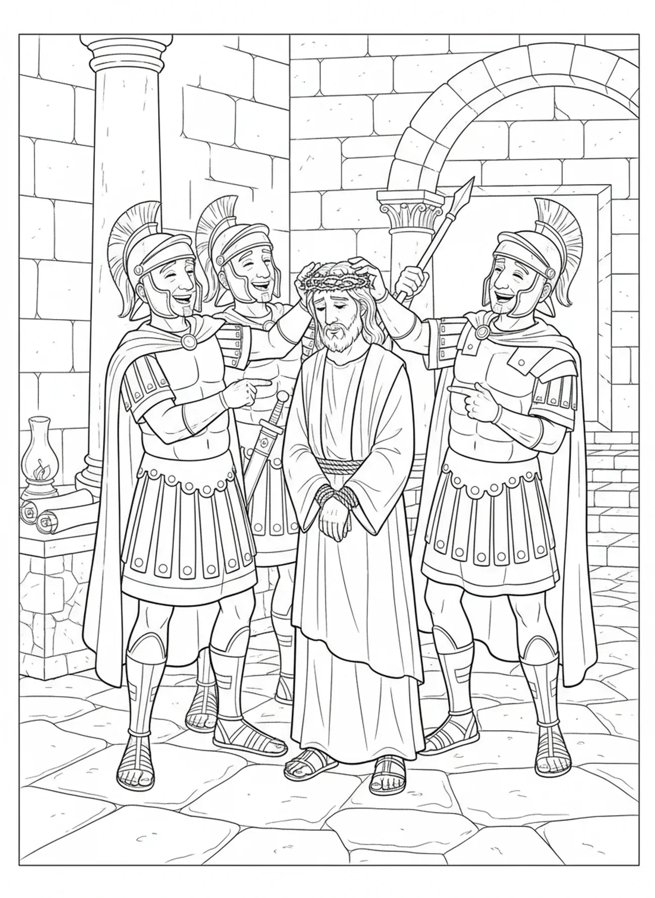 Soldats romains couronnant Jésus, page à colorier Couronne d'épines pour les enfants de l'École du dimanche âgés de 5 à 12 ans
