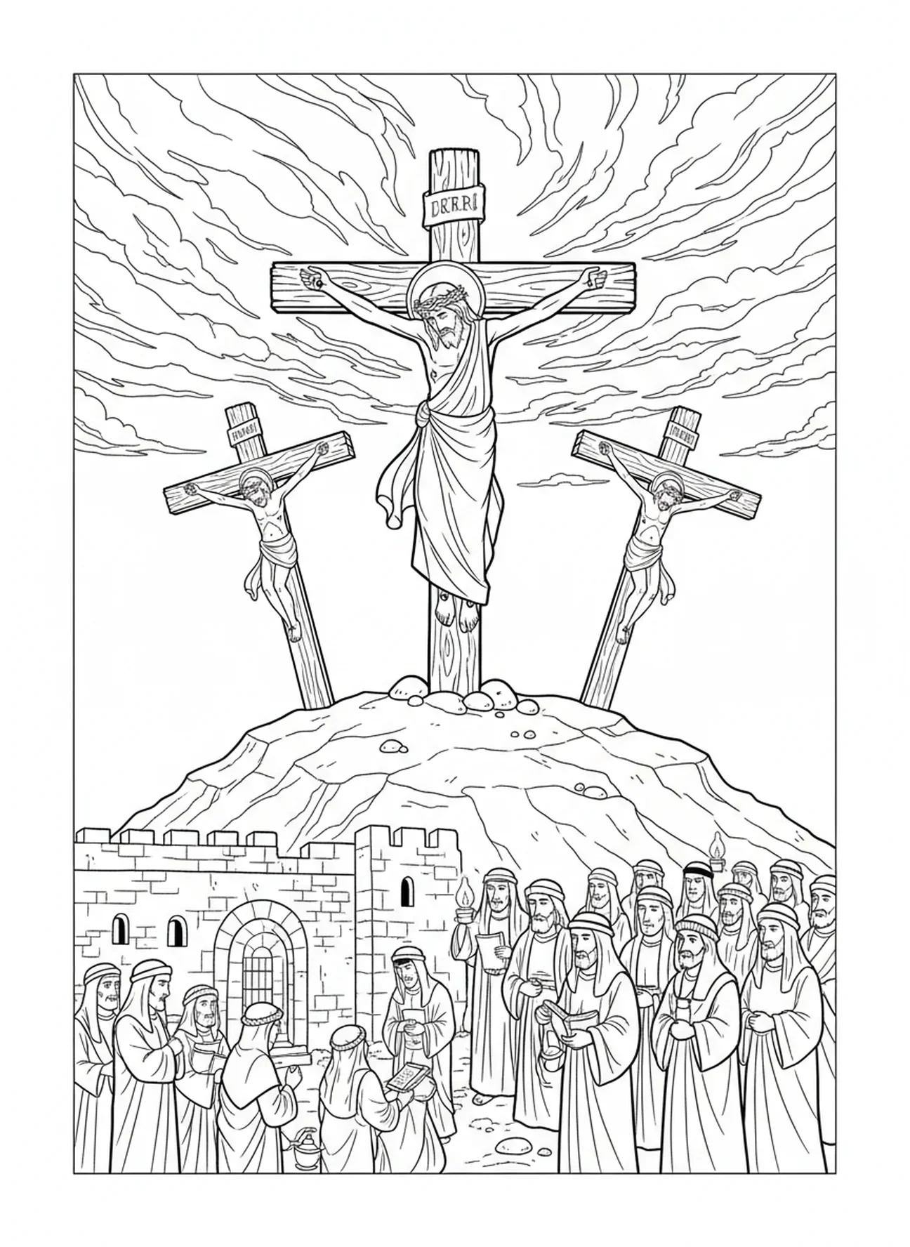 Trois croix sur une colline, page à colorier Couronne d'épines de la Crucifixion pour les enfants de l'École du dimanche âgés de 5 à 12 ans
